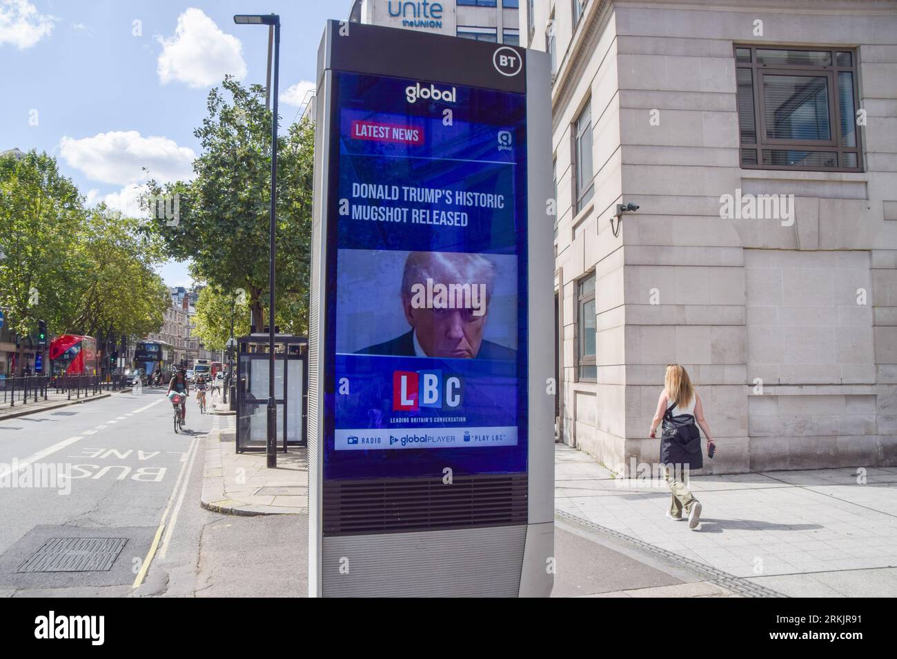 Lbc Display London, UK. 25th August 2023. An outdoor screen in central London ...