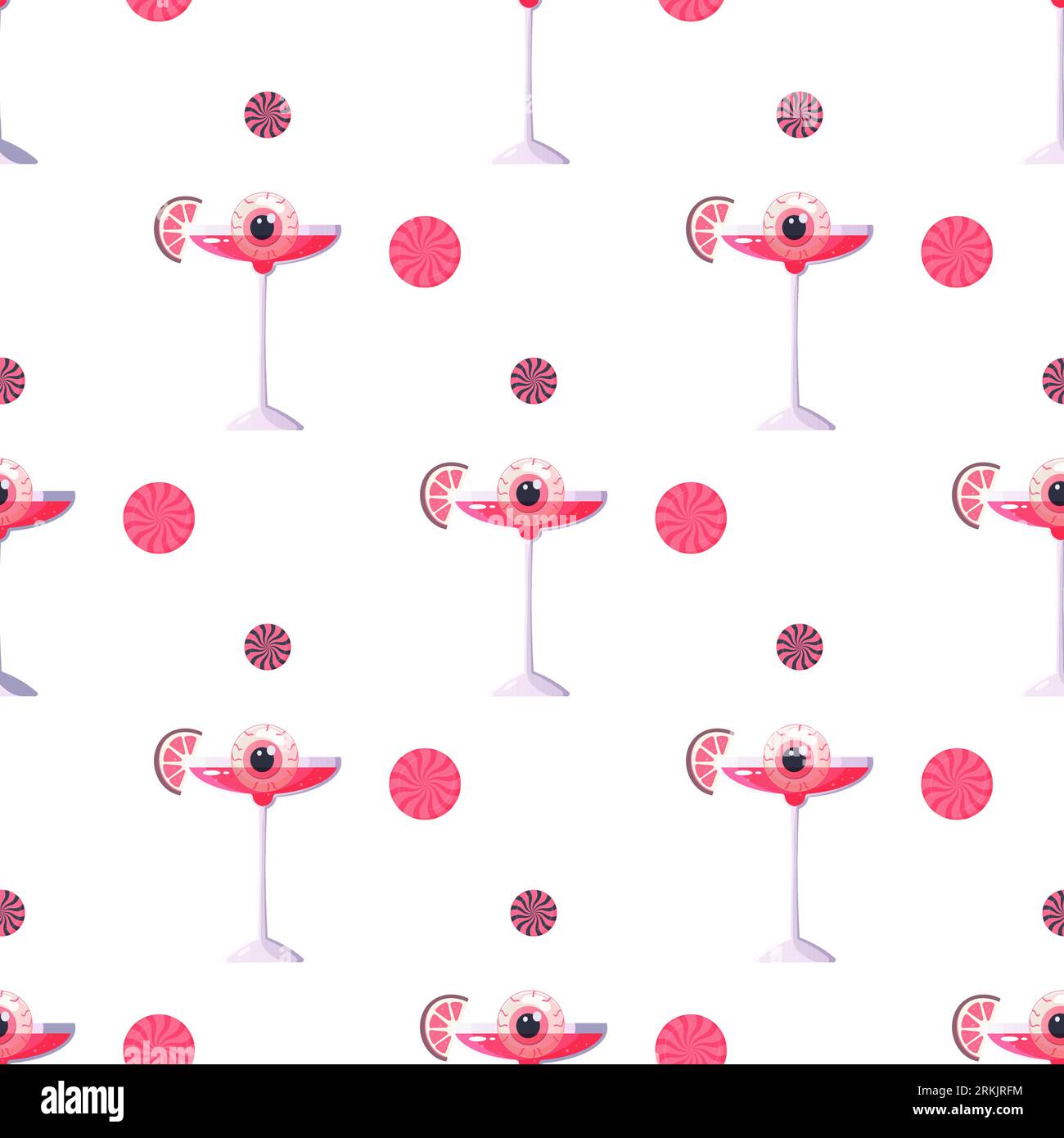 Pink Halloween pattern seamless with cocktail eyes, Trick. Vector Illustration Stock Vector