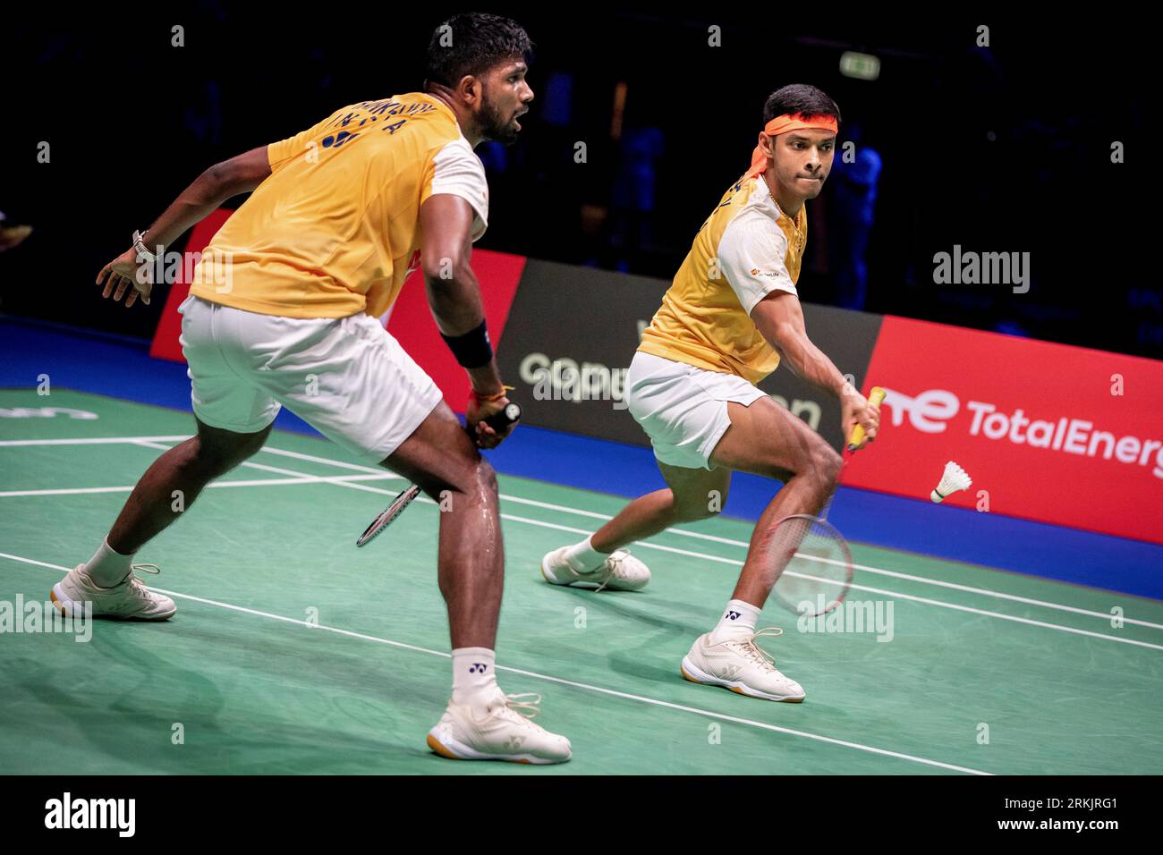 Satwiksairaj Rankireddy and Chirag Shetty of India during their quarter final mens double match against Kim Astrup and Anders Skaarup Rasmussen of Denmark at the BWF World Championship in Royal Arena in