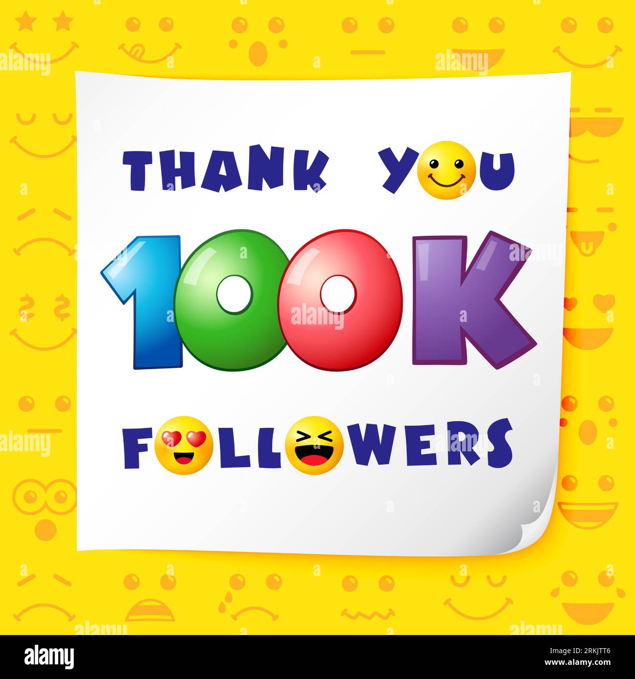 Thank you 100K followers social media poster. Set of emoticons. Positive thanks for 100 K following users. Creative background. 100 000 colorful sign Stock Vector