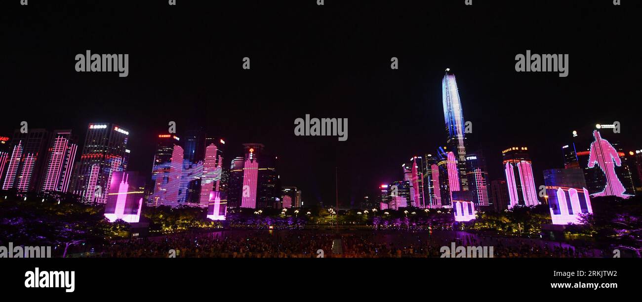 Shenzhen. 25th Aug, 2023. This photo taken on Aug. 25, 2023 shows a light show in Shenzhen, south China's Guangdong Province. A light show was held in Shenzhen on Friday to celebrate the 43rd anniversary of the establishment of the Shenzhen Special Economic Zone. Credit: Liang Xu/Xinhua/Alamy Live News Stock Photo