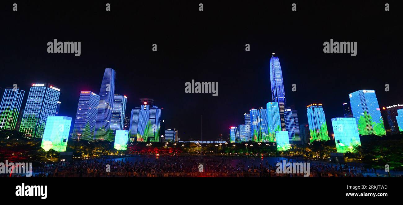 Shenzhen. 25th Aug, 2023. This photo taken on Aug. 25, 2023 shows a light show in Shenzhen, south China's Guangdong Province. A light show was held in Shenzhen on Friday to celebrate the 43rd anniversary of the establishment of the Shenzhen Special Economic Zone. Credit: Liang Xu/Xinhua/Alamy Live News Stock Photo