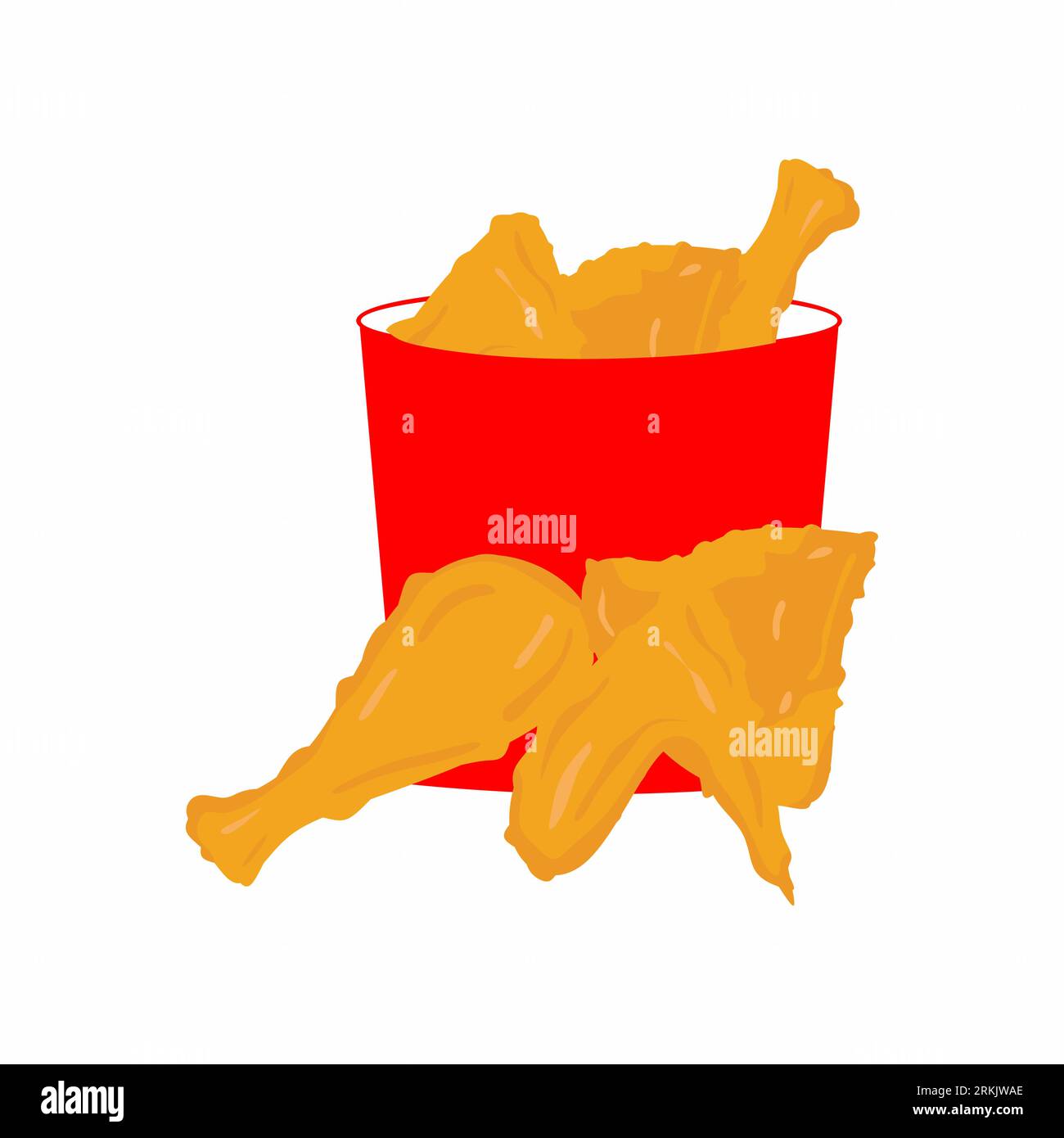 Vector drawing of fried chicken with red bucket in flat cartoon style. Fried junk food concept. Illustration for design fast food menu, poster, card, Stock Vector