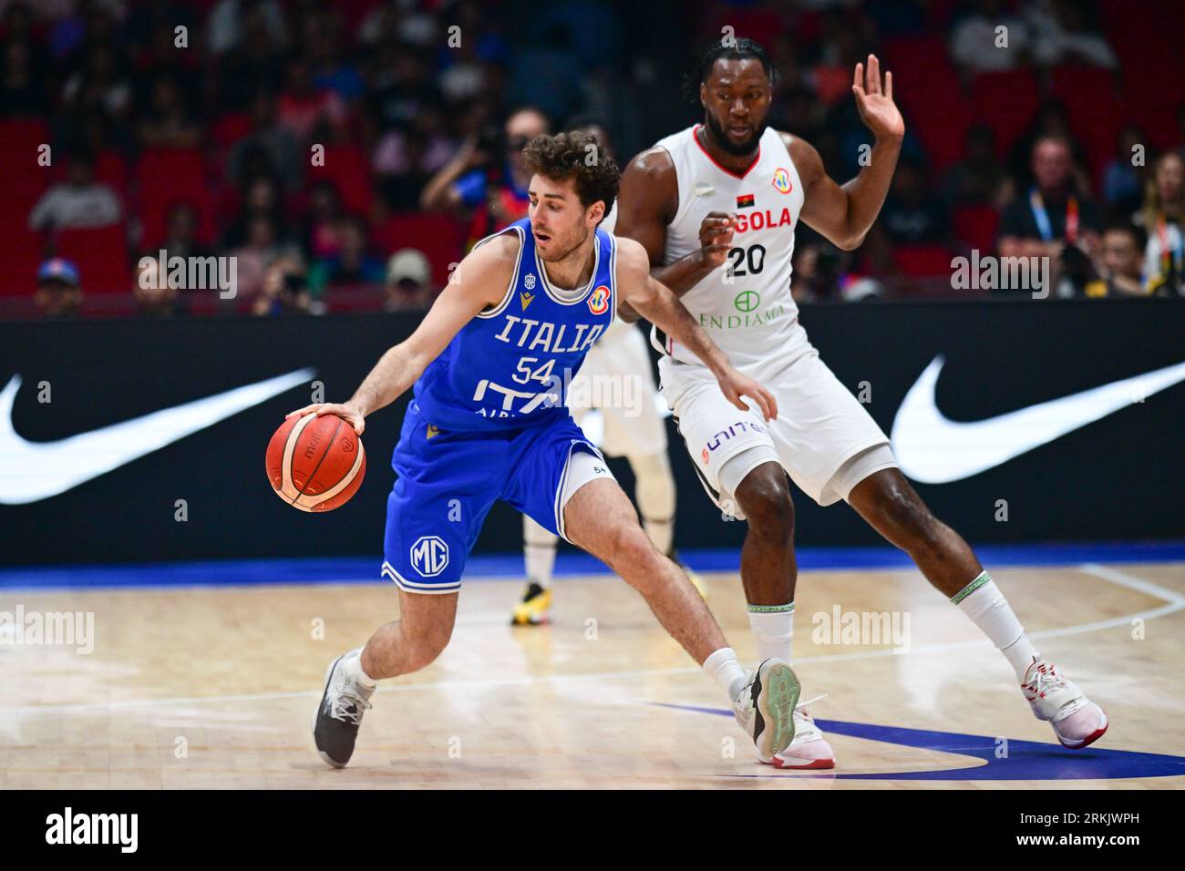 Bulacan, Philippines. 25th Aug, 2023. Alessandro Pajola (L) of the Italy men basketball team and Bruno Fernando (R) of the Angola men basketball team seen in action during the FIBA Men's Basketball World Cup 2023 match between Angola and Italy at the Philippine Arena. Final score; Italy 81:67 Angola. (Photo by Luis Veniegra/SOPA Images/Sipa USA) Credit: Sipa USA/Alamy Live News Stock Photo