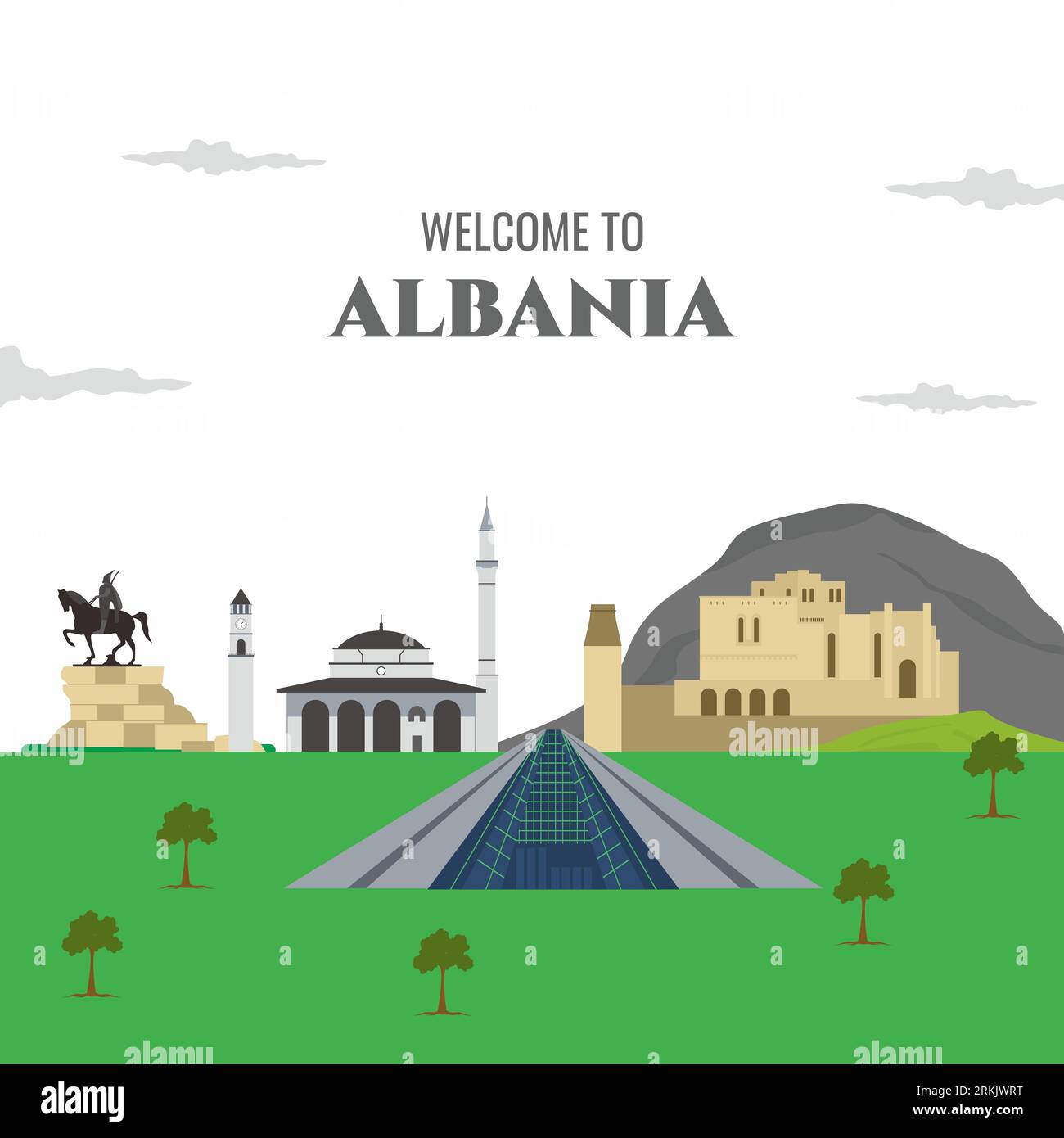 Vector flat cartoon Albania landmark building. Welcome to Albania. Tirana tourist attractions. Design elements for banner, infographic poster, busines Stock Vector