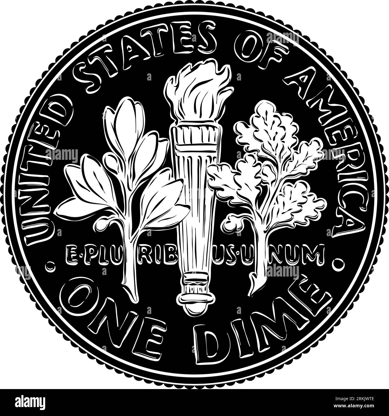 Vector reverse ofAmerican money Roosevelt dime, USA one dime or 10-cent coin Stock Vector