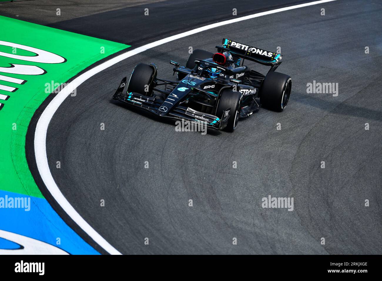 Zandvoort, Mezzolombardo, The Netherlands. 25th Aug, 2023. GEORGE RUSSEL of Great Britain and Mercedes-AMG F1 Team drives during practice of the 2023 FIA Formula 1 Dutch Grand Prix at Circuit Zandvoort in Zandvoort, The Netherlands. (Credit Image: © Daisy Facinelli/ZUMA Press Wire) EDITORIAL USAGE ONLY! Not for Commercial USAGE! Credit: ZUMA Press, Inc./Alamy Live News Stock Photo
