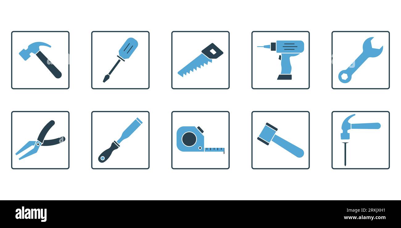 Carpentry set icon. Icon related to handyman tools. Contains icons hammer, screwdriver, saw, drill, etc. Solid icon style. Simple vector design editab Stock Vector