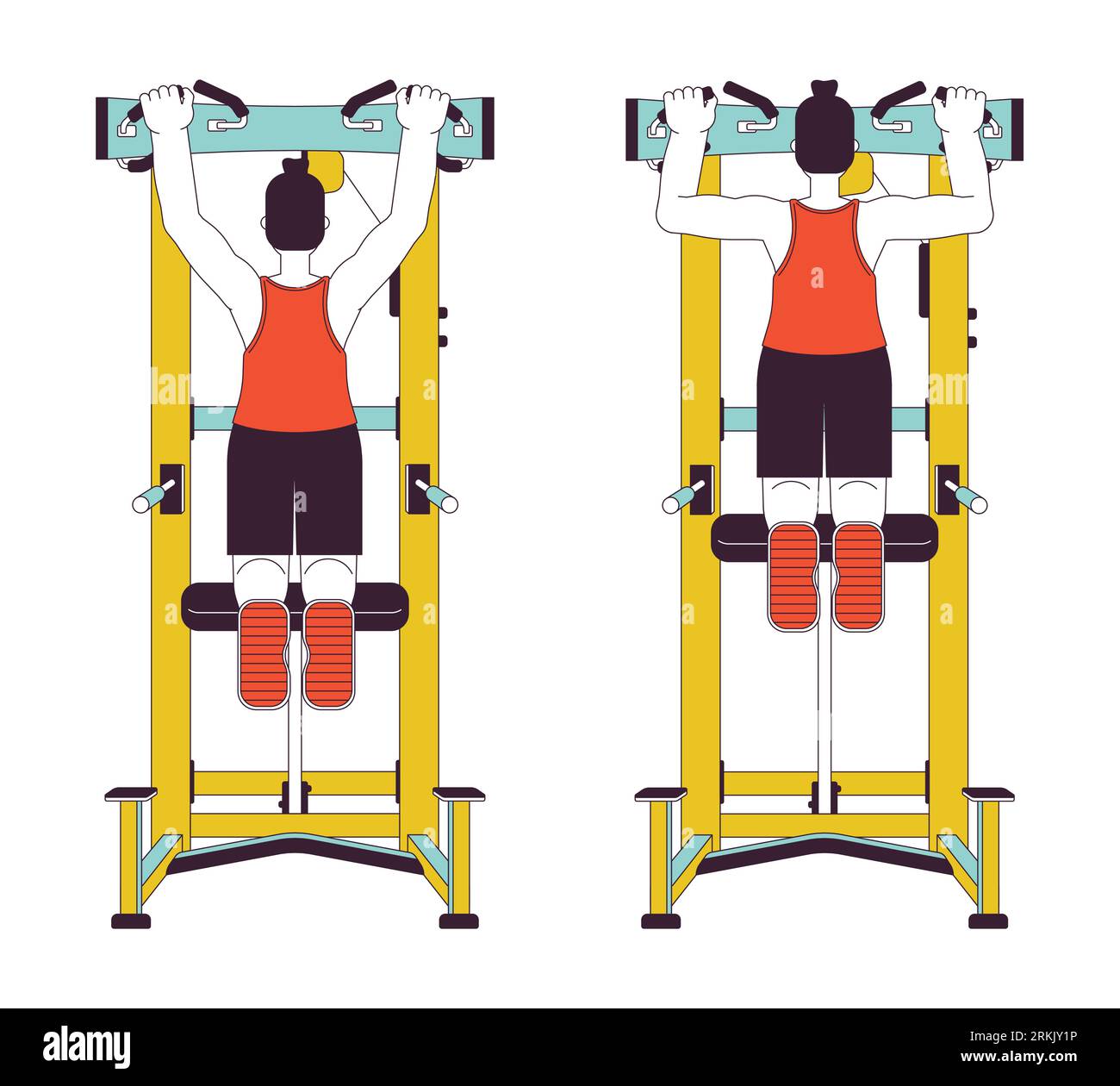 Muscle building with assisted pull up machine flat line vector spot illustration Stock Vector