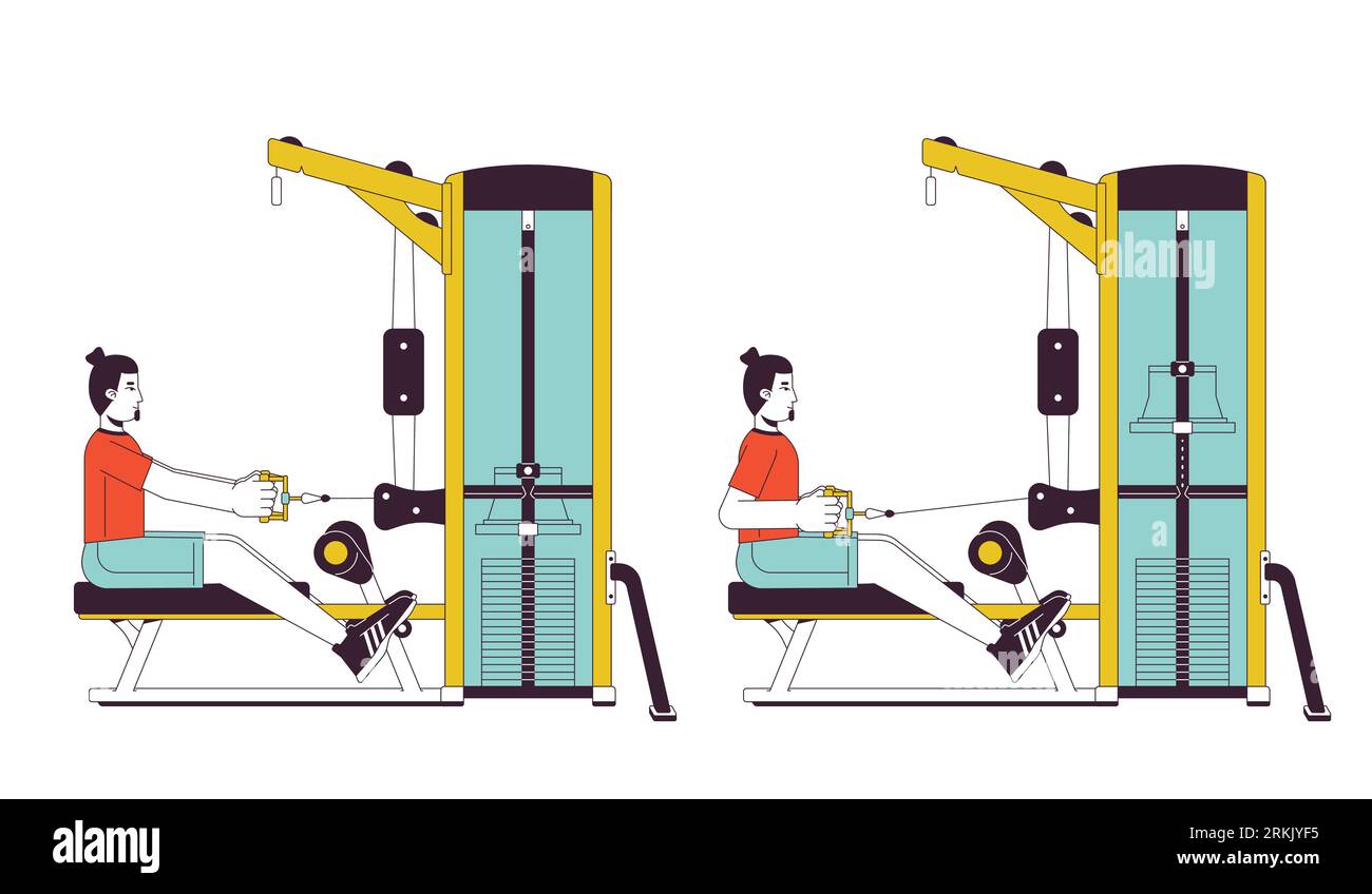 Muscle building with seated row machine flat line vector spot illustration Stock Vector