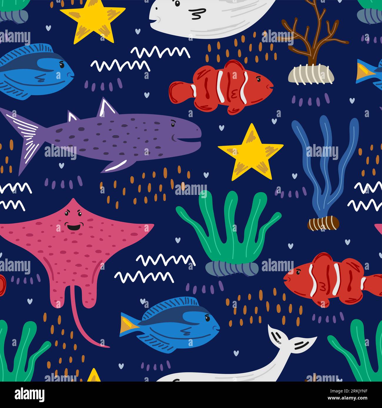 Seamless pattern with clownfish, blue tang fish, beluga whale, whale shark, spotted eagle ray. Childish texture for fabric, textile, apparel. Vector i Stock Vector
