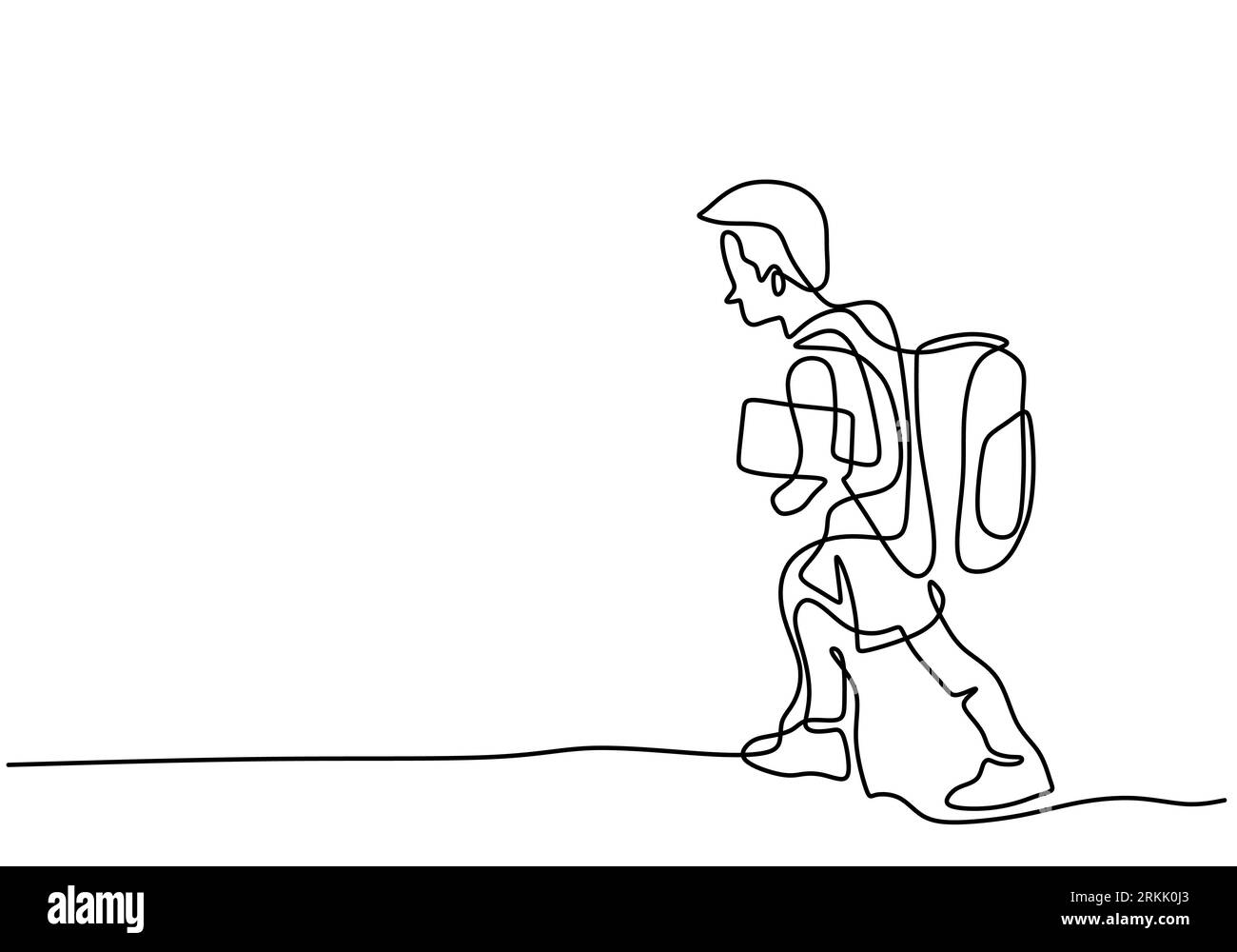 Continuous one line drawing happy little boy walking on street with backpack to go to school while holding a book isolated on white background. Educat Stock Vector