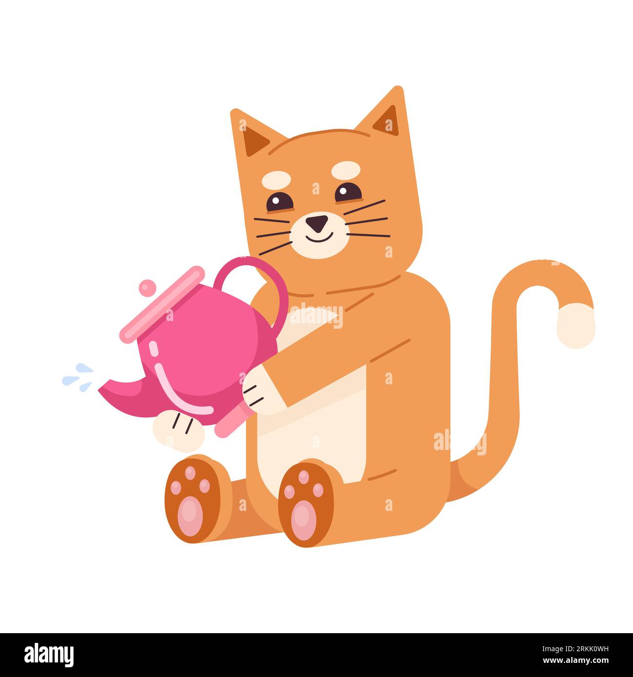 Smiling ginger cat holding teapot semi flat color vector character Stock Vector