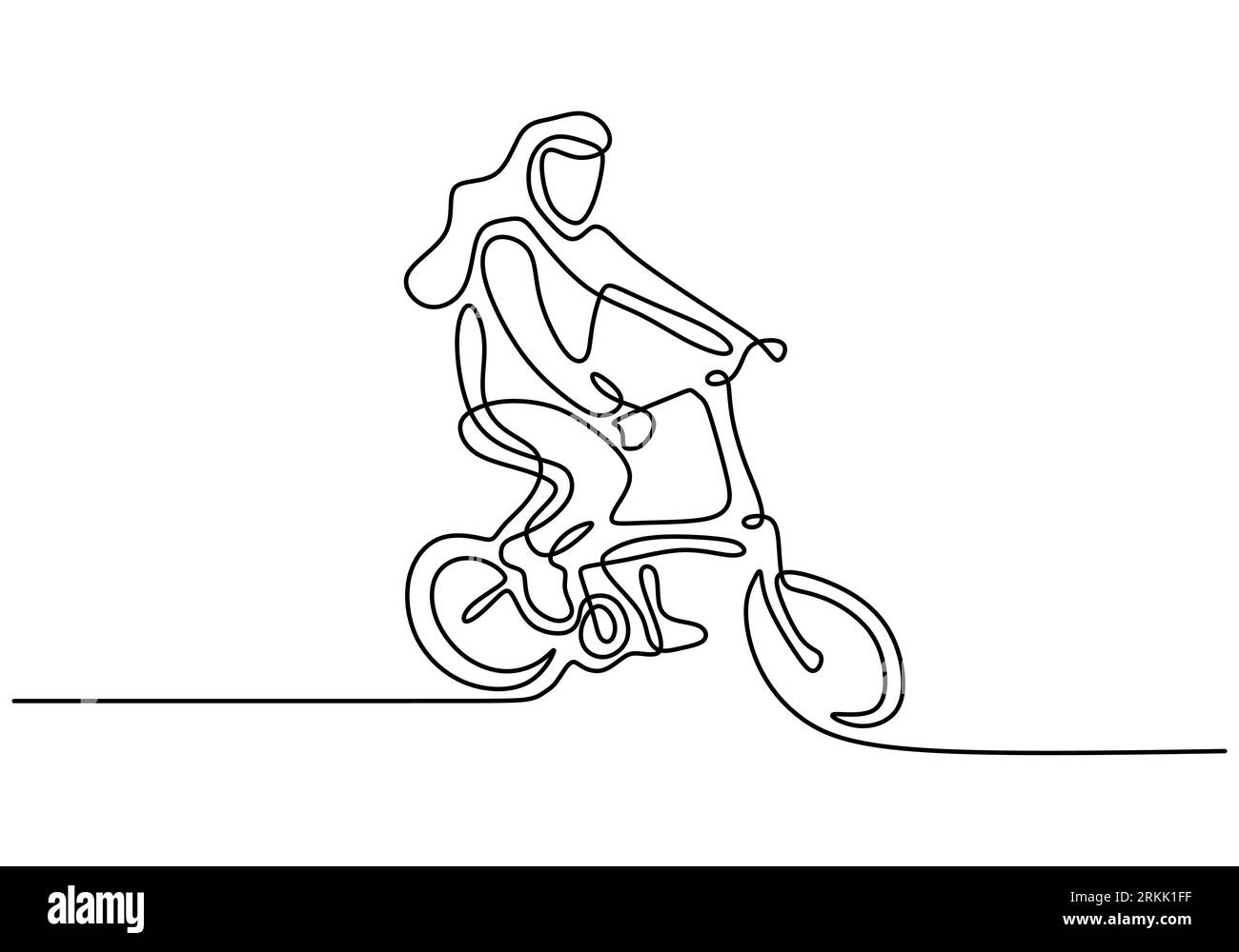 Continuous line drawing of happy woman cycling ride folded bicycle. Young energetic girl riding bicycle on the street isolated on white background. He Stock Vector