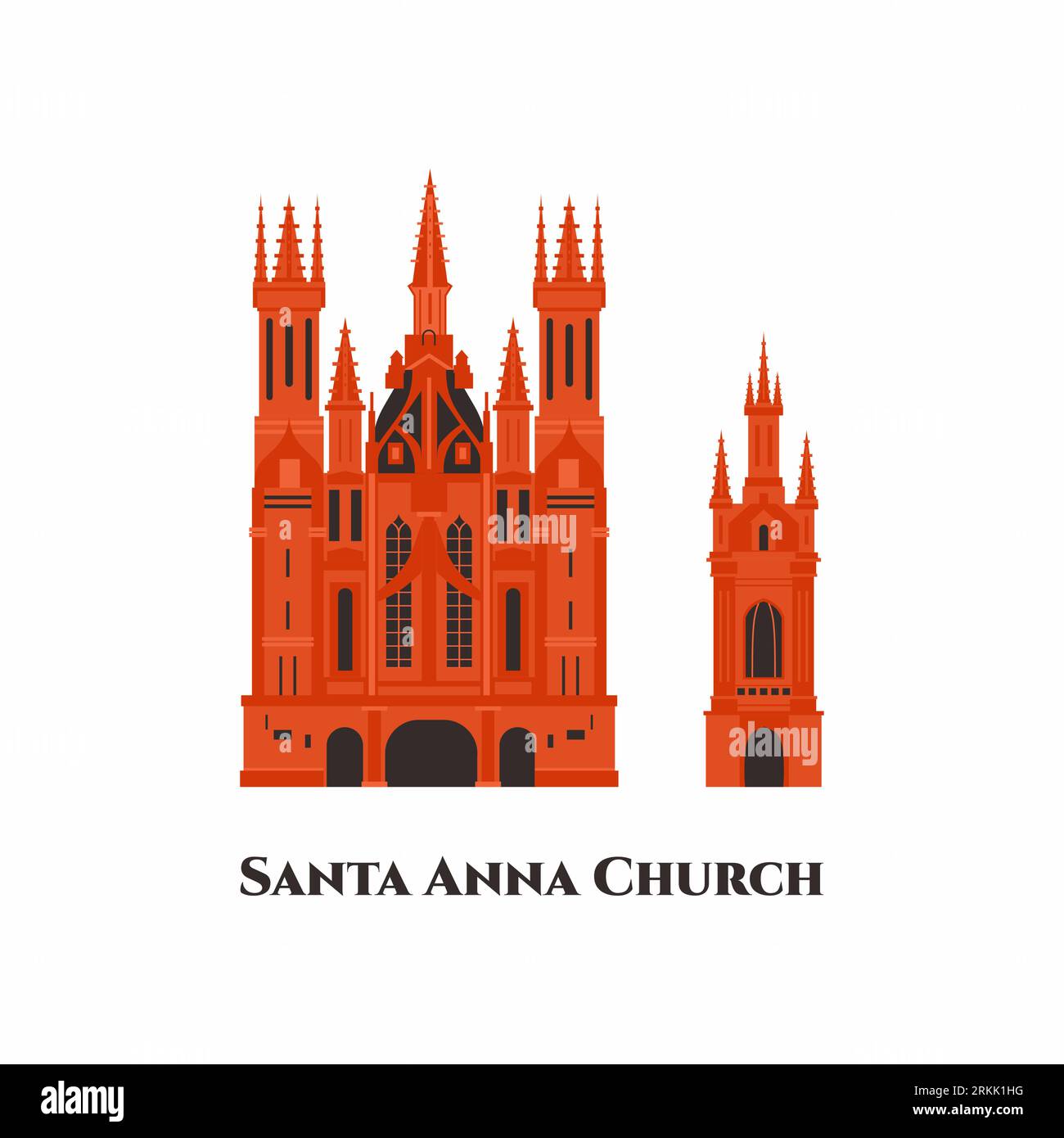 St. Anne's Church flat cartoon icon design template. It is a Roman Catholic church in Vilnius' Old Town. Beautiful church around old town. Worth to vi Stock Vector