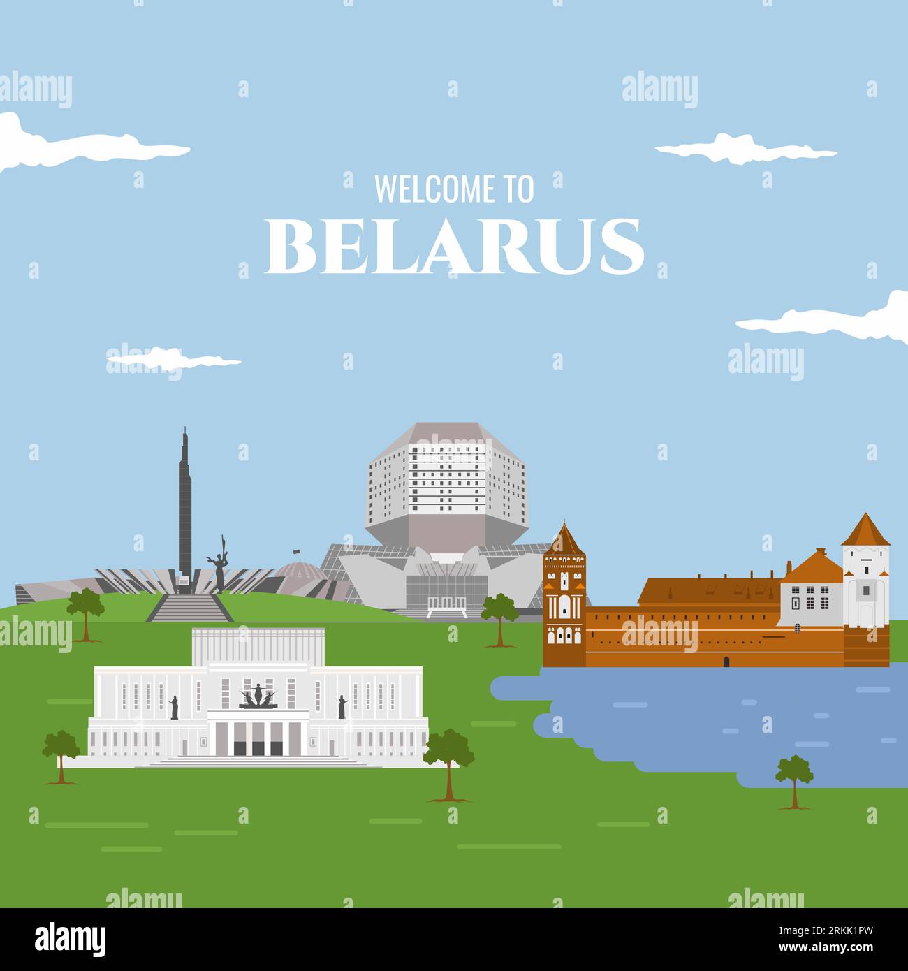 Belarus icon building landmark. Beautiful place for tourist vacation. Flat cartoon style web site vector illustration. World vacation travel sightseei Stock Vector