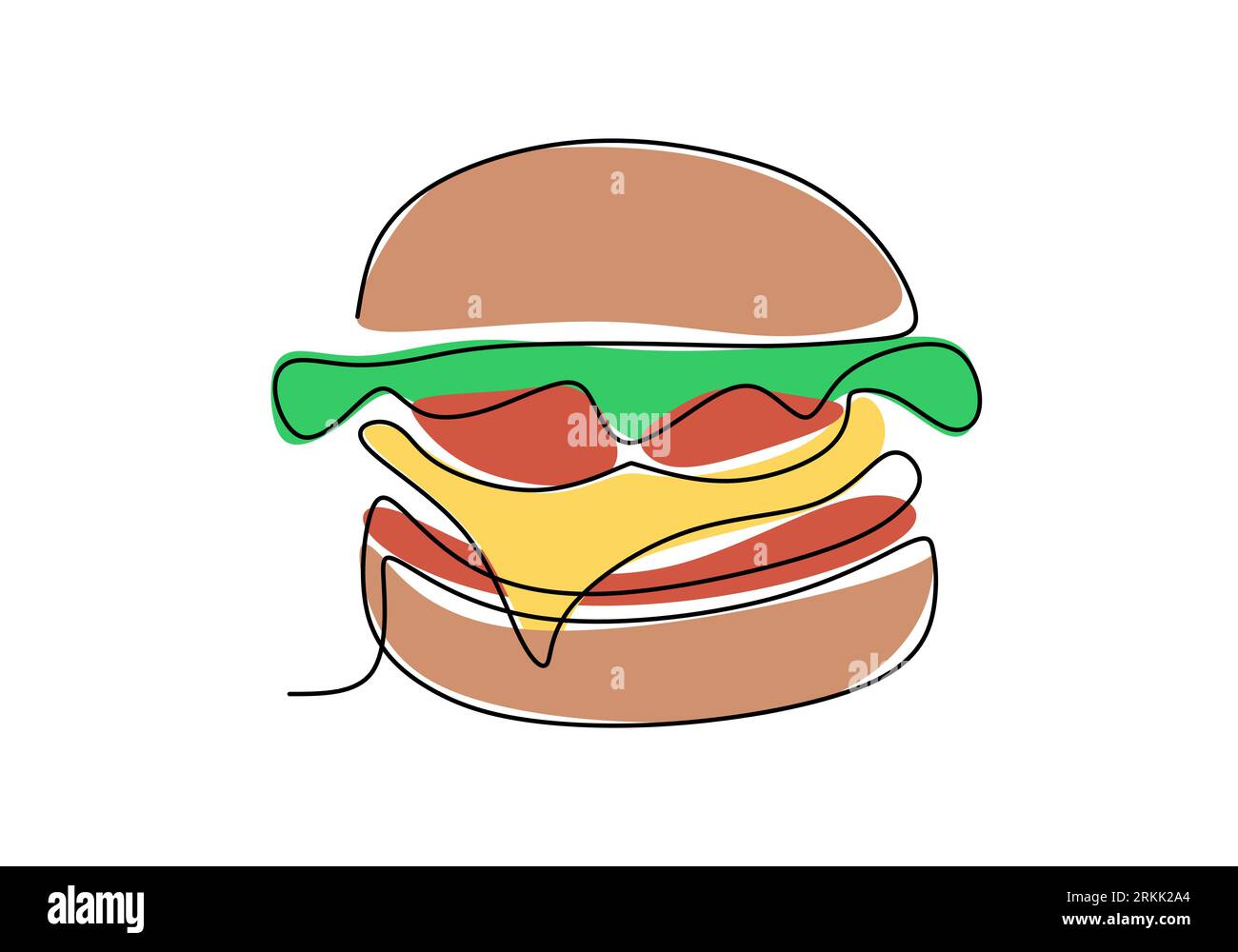 Single continuous line of Hamburger. Big burger fast food in one line