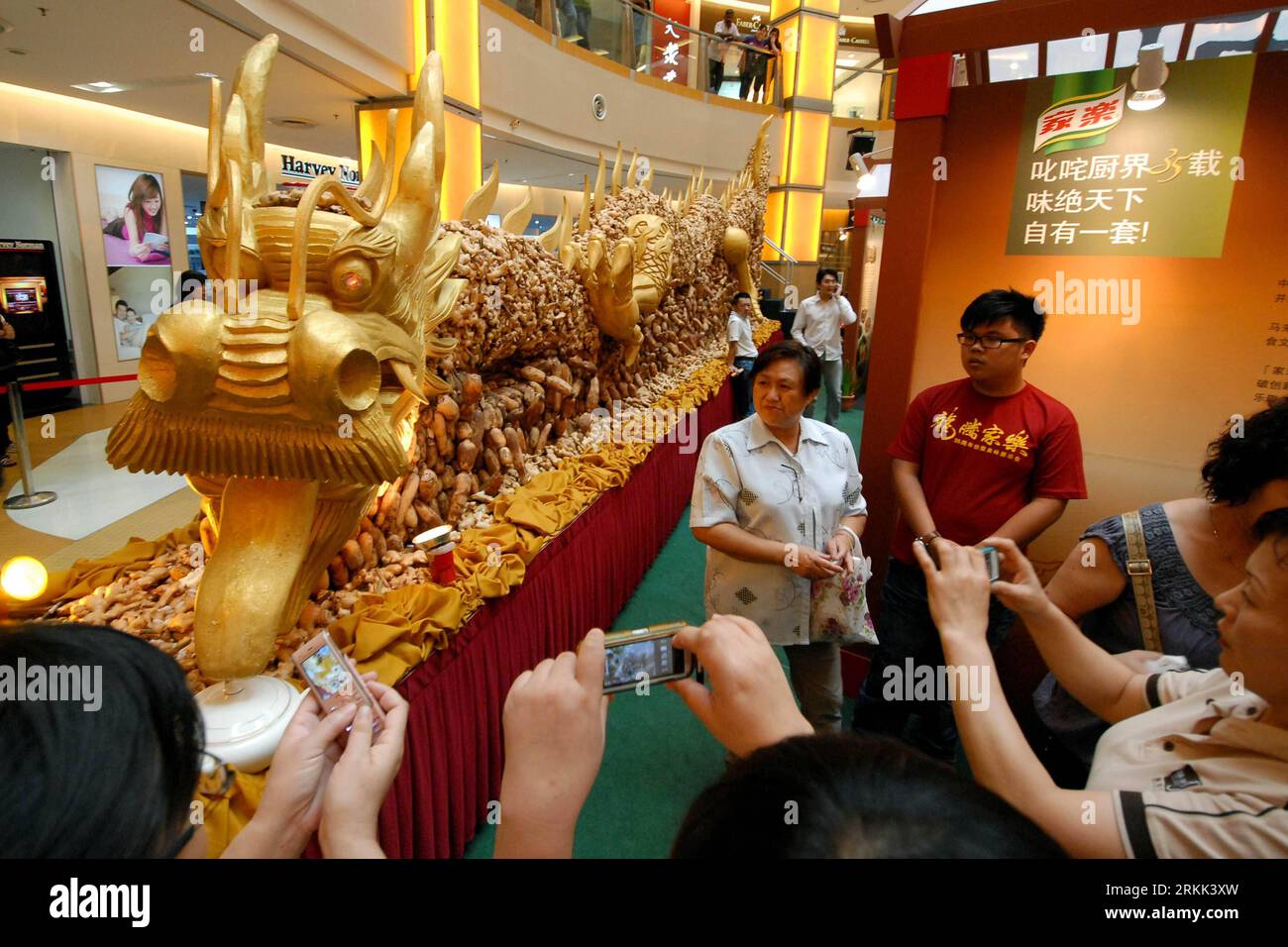 Bildnummer: 56195774  Datum: 19.10.2011  Copyright: imago/Xinhua (111019) -- KUALA LUMPUR, Oct. 19, 2011 (Xinhua) -- Tourists take pictures of a huge dragon sculpture which is made of ginger and lotus root in a shop in Kuala Lumpur, Malaysia, Oct. 19, 2011. The dragon sculpture measures 10.688 meters long and it took 20 workers in 2 months time in making. (Xinhua/Chong Voon Chung) MALAYSIA-KUALA LUMPUR-DRAGON MADE OF GINGER PUBLICATIONxNOTxINxCHN Gesellschaft Skulptur Figur Drachen Ingwer Lotoswurzel Kurios xbs x0x 2011 quer premiumd      56195774 Date 19 10 2011 Copyright Imago XINHUA  Kuala Stock Photo