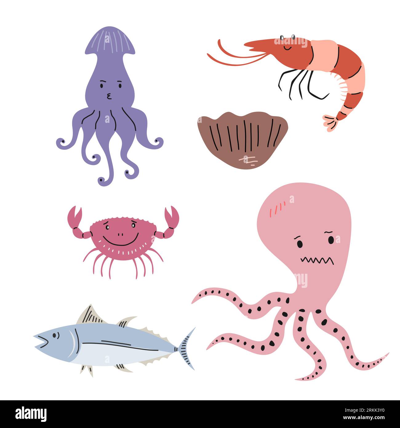 Seafood or sea animals elements isolated on white background. Stock Vector