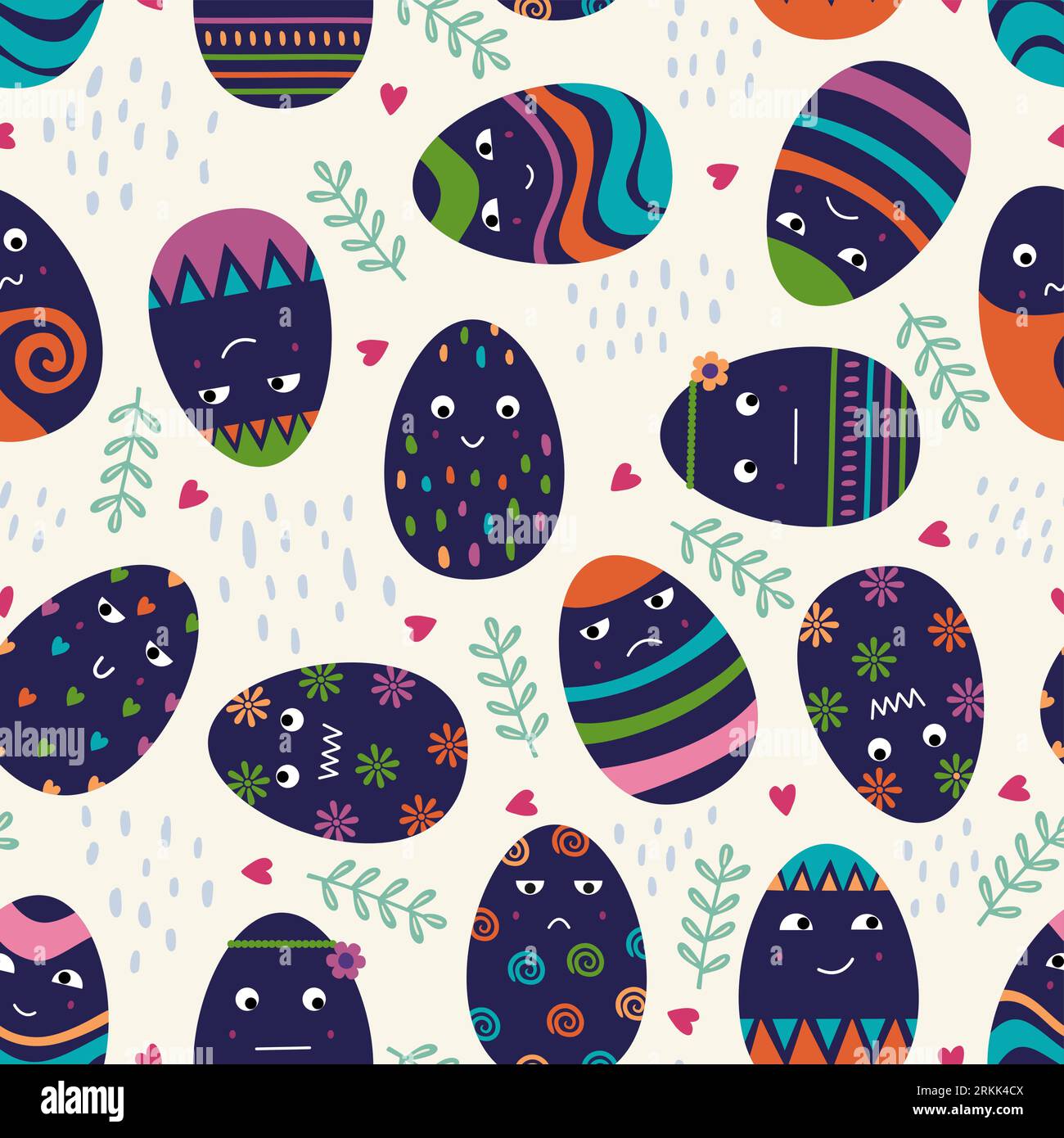 Cute easter egg seamless pattern. Childish easter egg with different expression. Vector flat cartoon illustration. Perfect for textile, wrapping paper Stock Vector