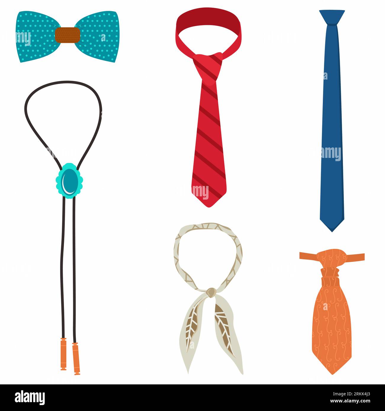 Flat icon necktie set collection of different tie, includes cravat, bowtie, skinny tie, bolo tie and neckerchief. elements. Vector illustration fashio Stock Vector