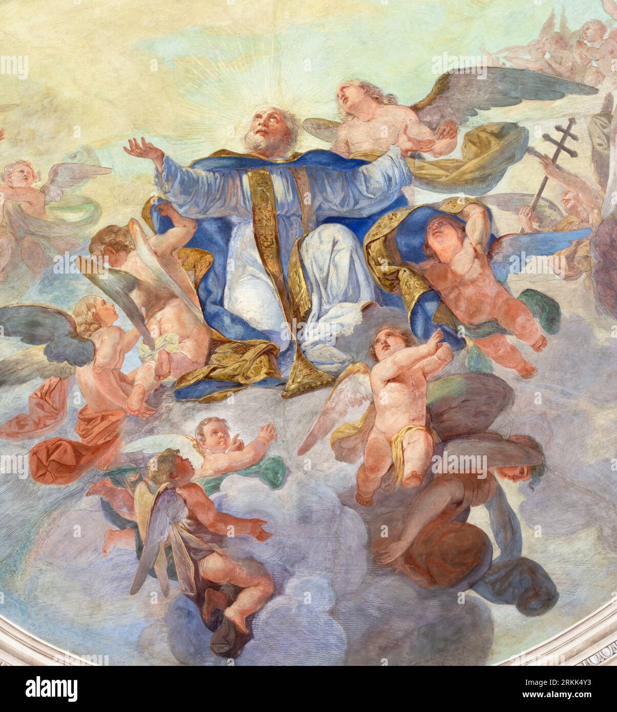GENOVA, ITALY - MARCH 7, 2023: The of  fresco of apotheosis of St. Sixtus II in the church Chiesa di San Sisto by  Michel Cesare Danielli Stock Photo
