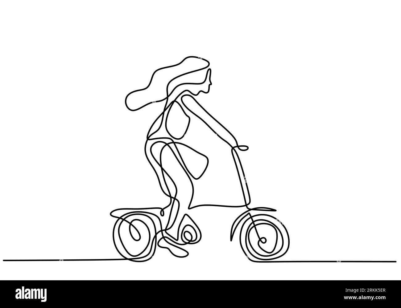 Continuous line drawing of happy woman cycling ride folded bicycle. Young energetic girl riding bicycle on the street isolated on white background. He Stock Vector