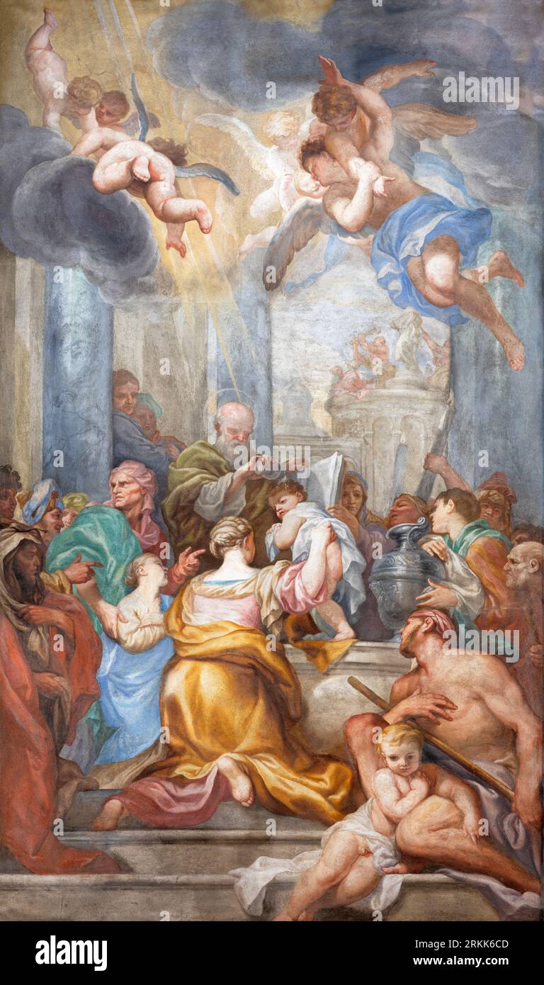 GENOVA, ITALY - MARCH 7, 2023: The fresco of St. Like the Evangelist at the baptizing in the church Chiesa di San Luca by  Domenico Piola (1645). Stock Photo