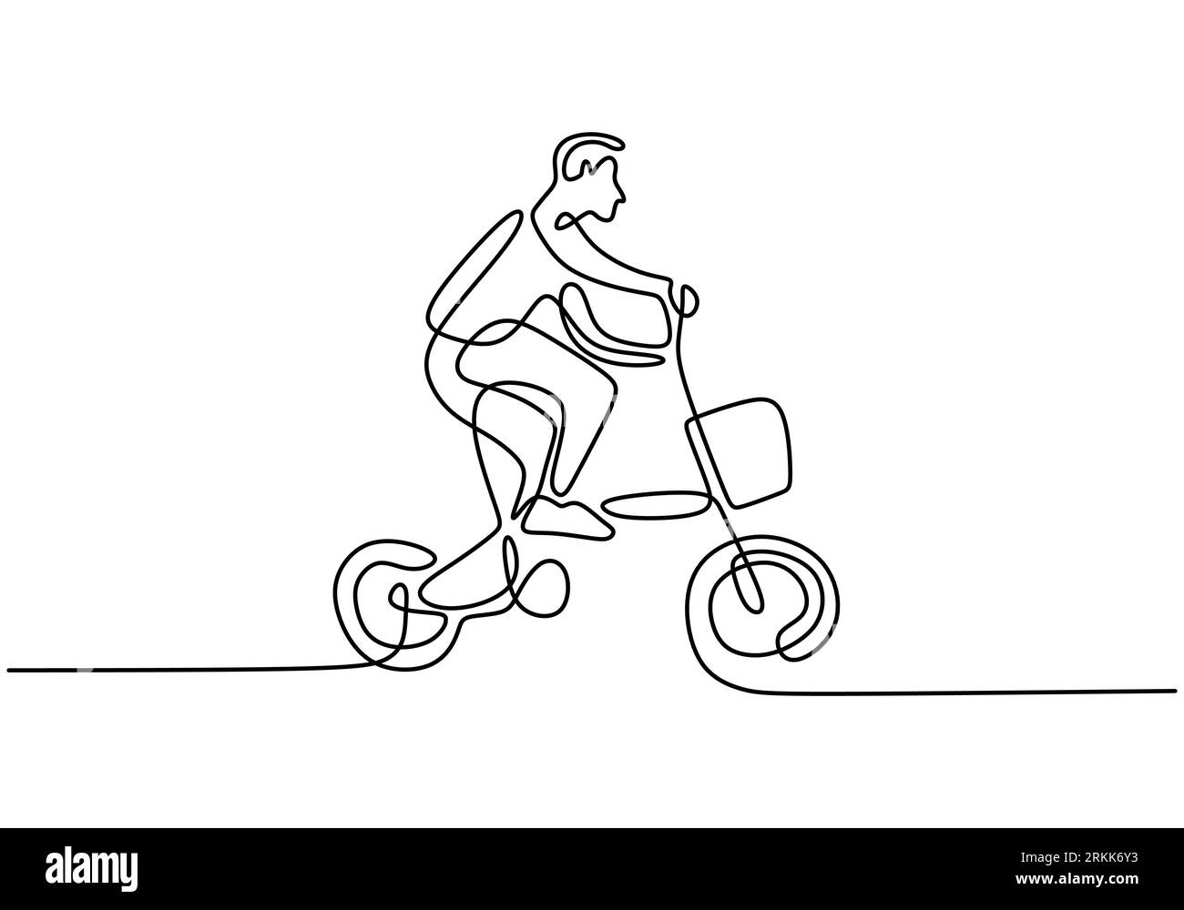 One continuous line drawing of young energetic man cycling ride folding bicycle to exercise. Healthy lifestyle concept lineart drawing vector illustra Stock Vector