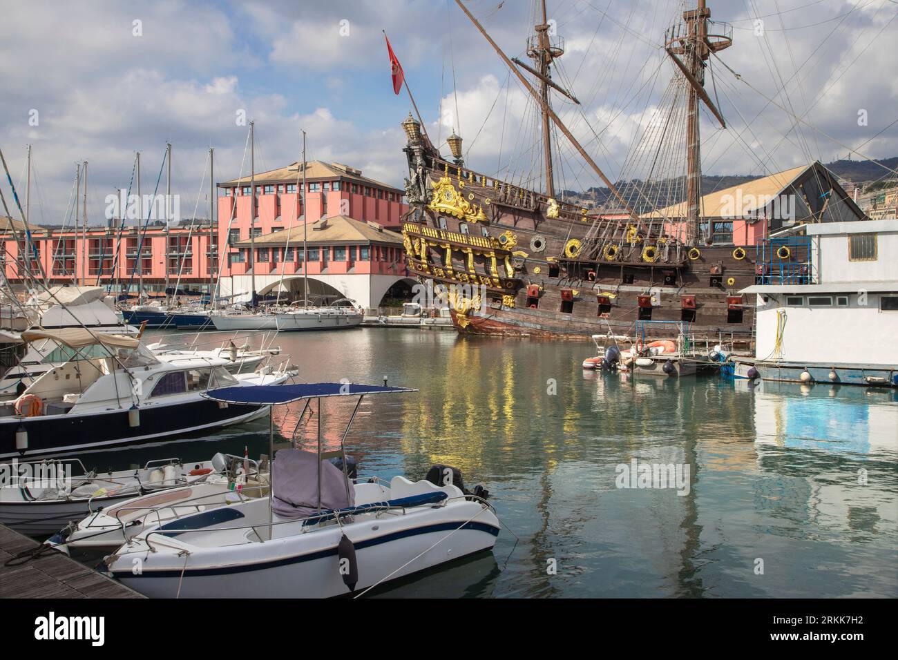 Genova - The Neptune galleon - ship replica of a 17th-century Spanish galleon designed by Naval Architect David Cannell. The ship was built in 1985 Stock Photo