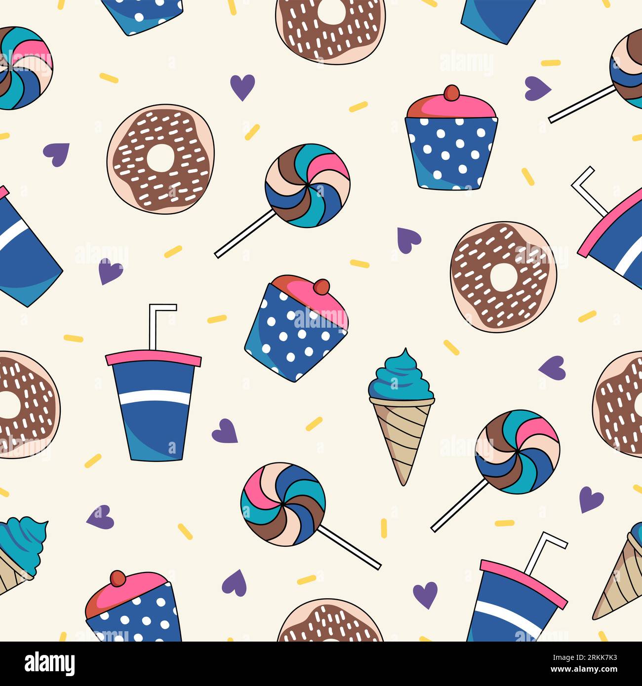 Seamless pattern background with donuts, candy, ice cream and drink Stock Vector