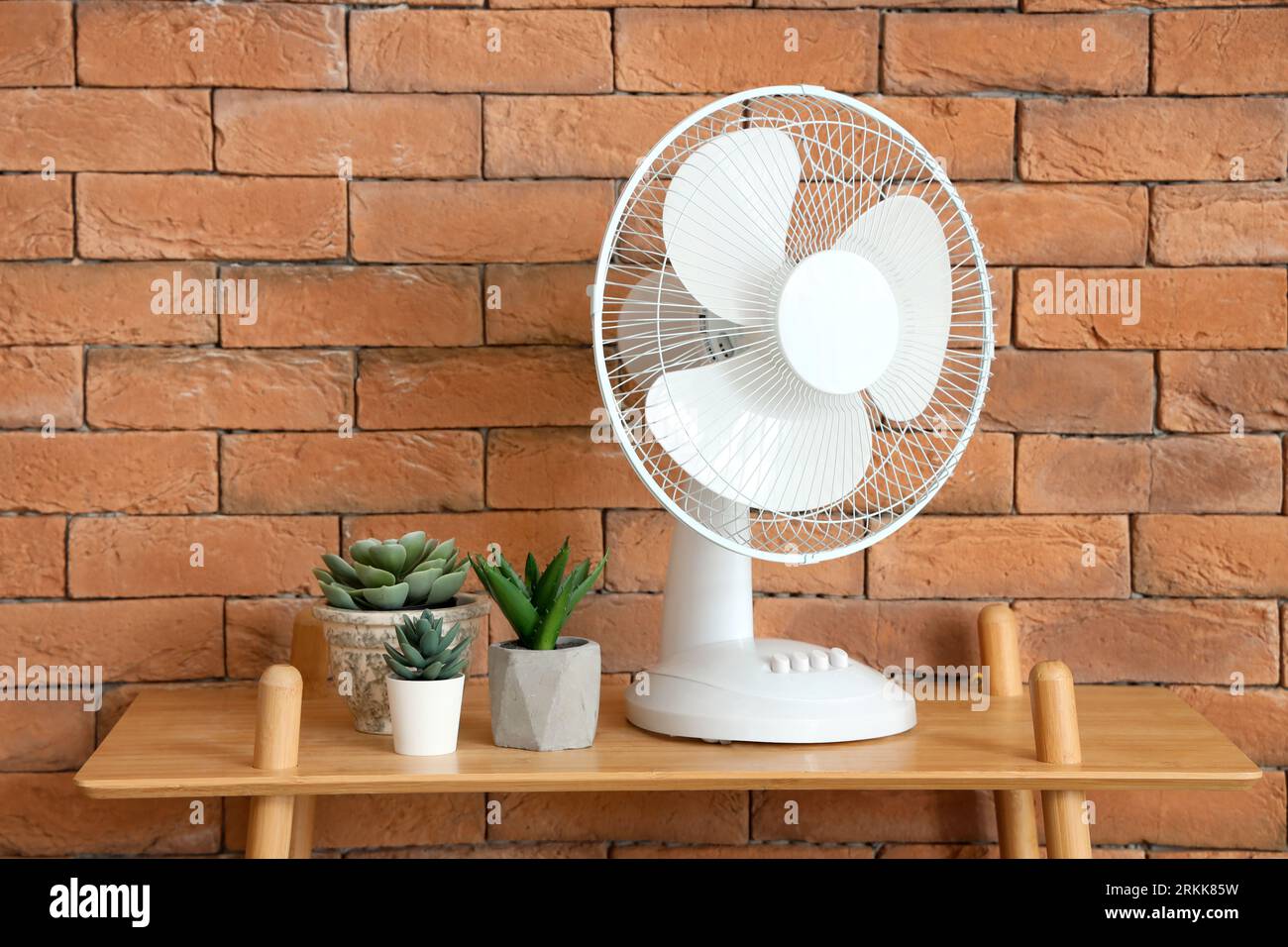 Electric fan and houseplants on shelving unit near brown brick wall Stock Photo