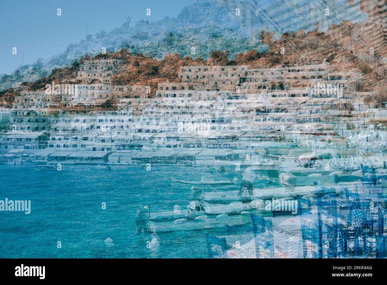 Abstract of Loutro, Crete, created by overlapping multiple exposures to create an impression of the harbour and it's pretty colors. Stock Photo