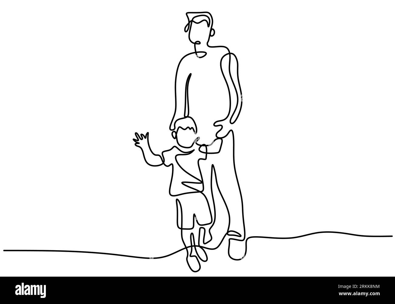 Father walking together with his son continuous one line drawing. Happy Father's Day minimalism concept. Fatherhood poster with man and child holding Stock Vector