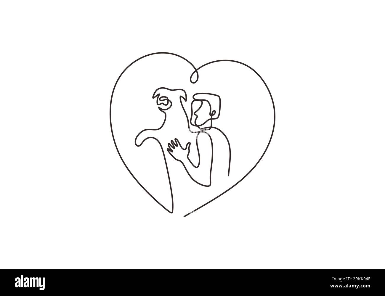 Continuous line drawing of happy man playing with dog pet. Happy young