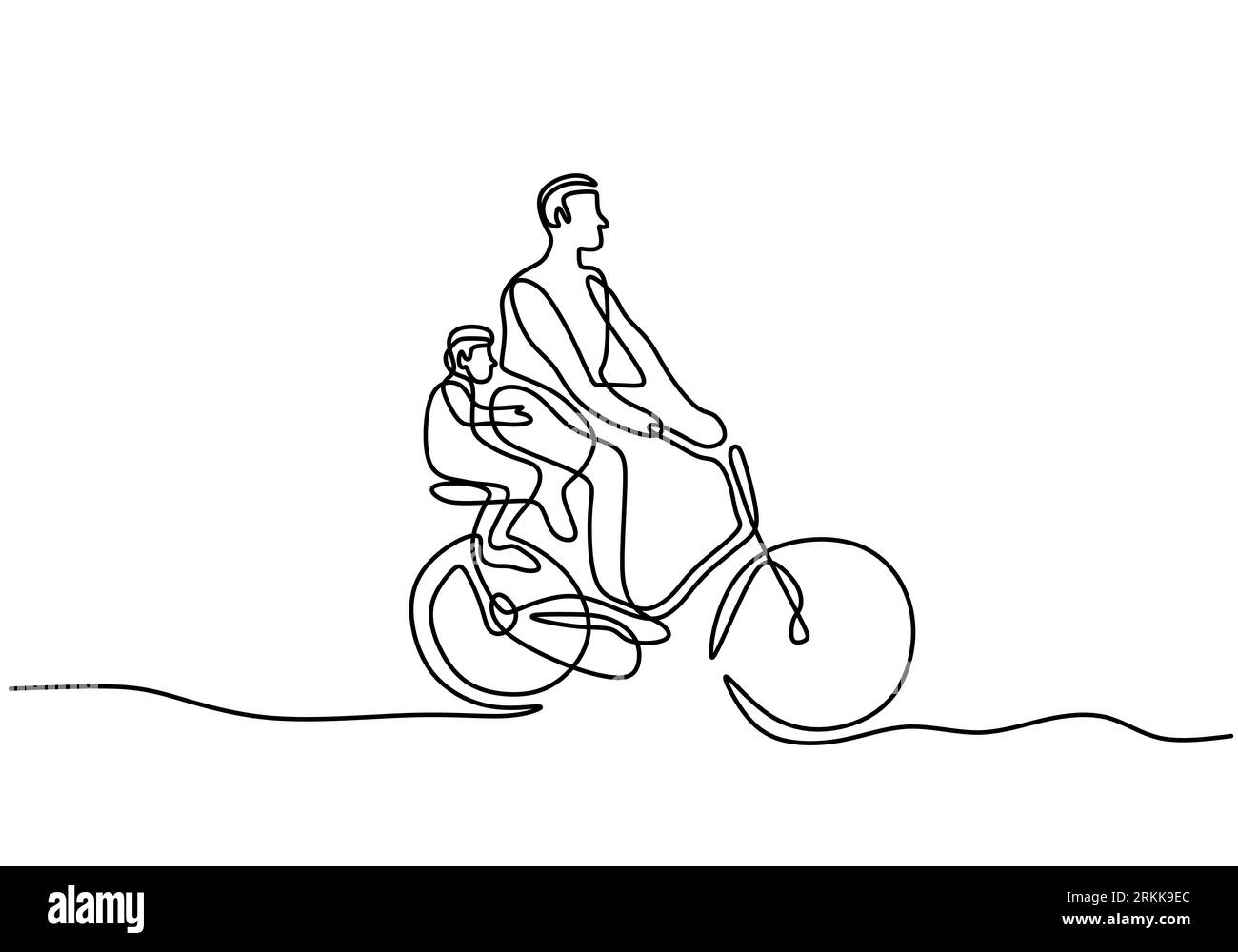 One continuous single drawn one line of dad with a child on a bicycle. Happy father riding his bicycle with a little boy at the street isolated on whi Stock Vector