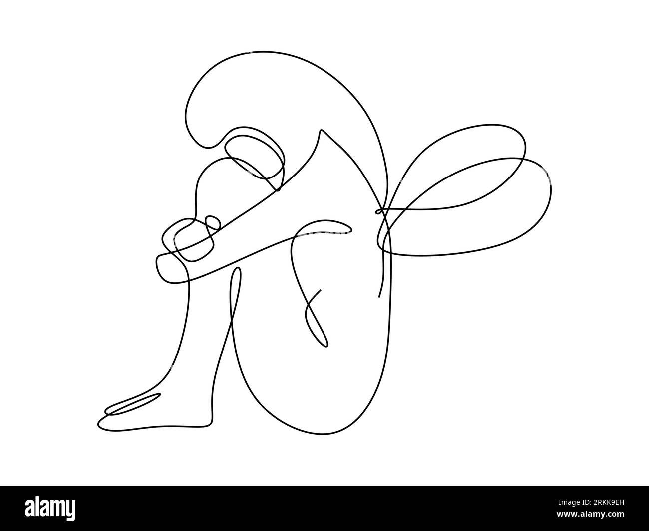 Continuous line of woman little fairy. Single line of woman fairy sitting and crying. One line of sad fairy isolated on white background. Stock Vector