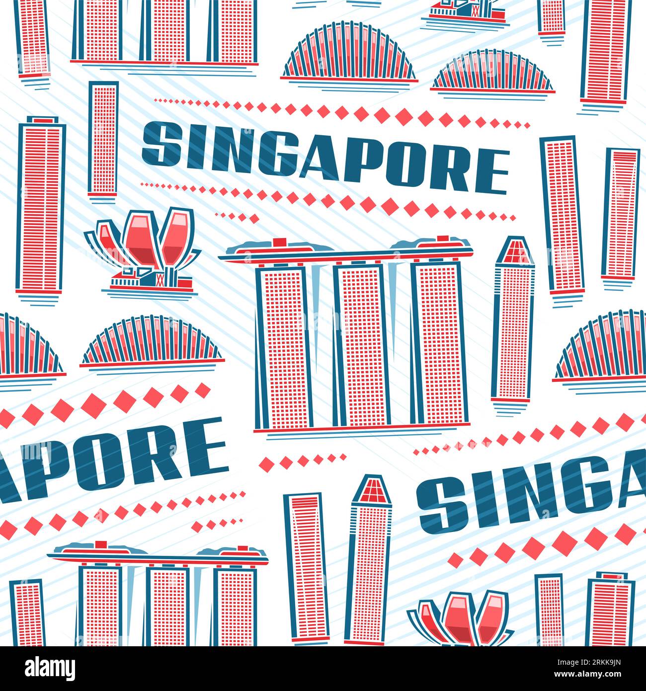 Vector Singapore Seamless Pattern, repeat background with illustration of famous singapore city scape on white background for wrapping paper, decorati Stock Vector