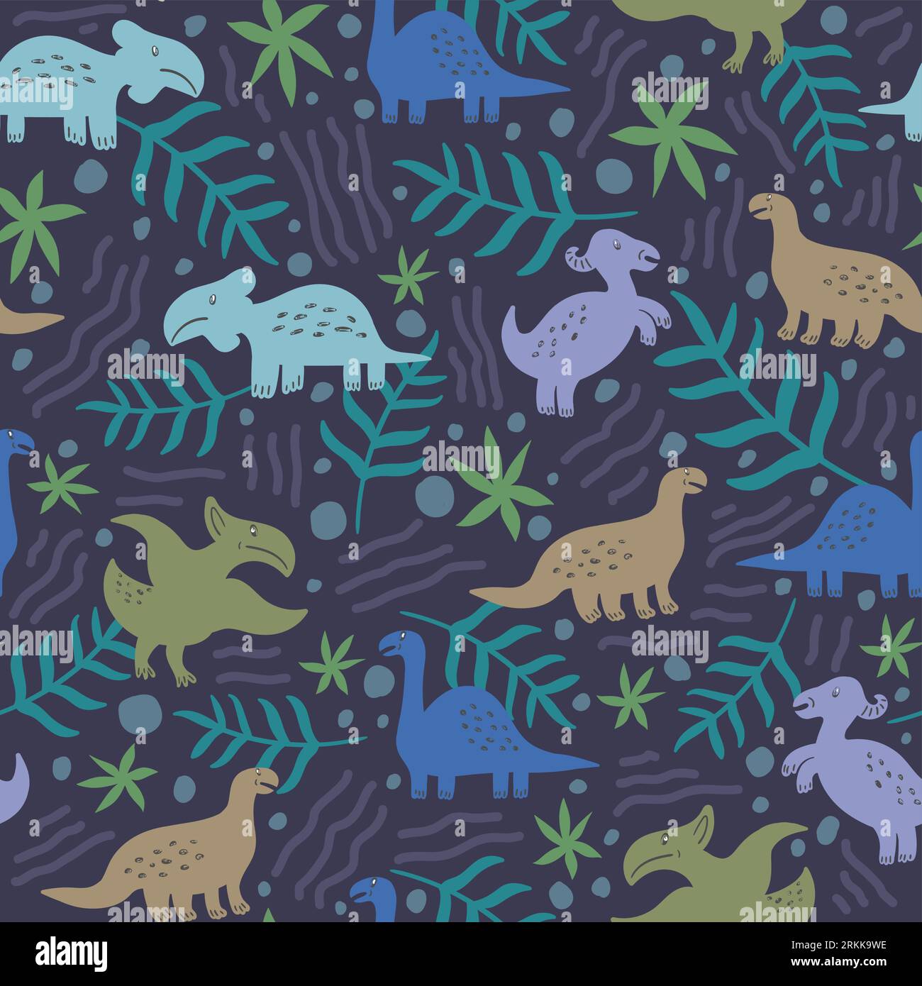Seamless pattern of cute dinosaurs and floral isolated on dark background. Stock Vector