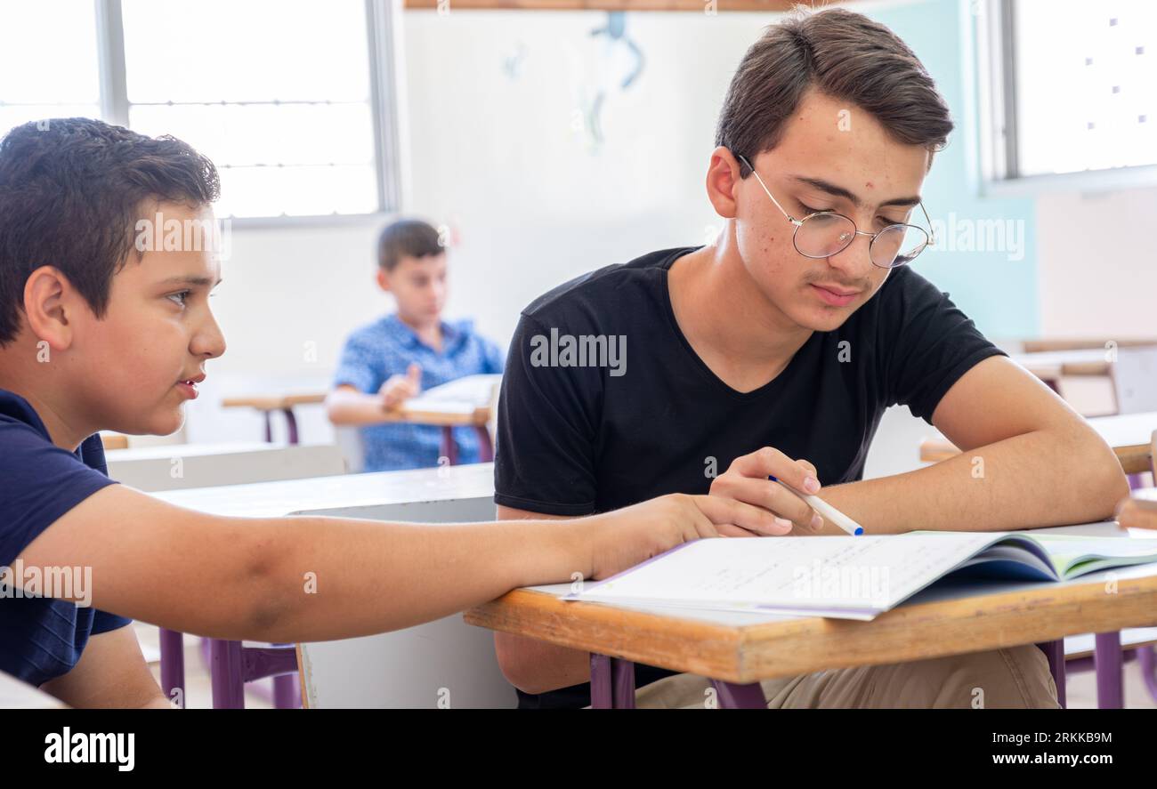 group of students in school having discussion about some studying fields Stock Photo