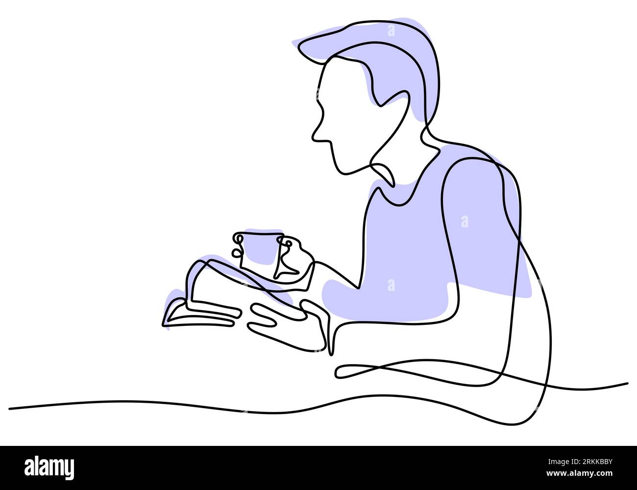 Continuous single line drawing of young man read a book with a cup of ...