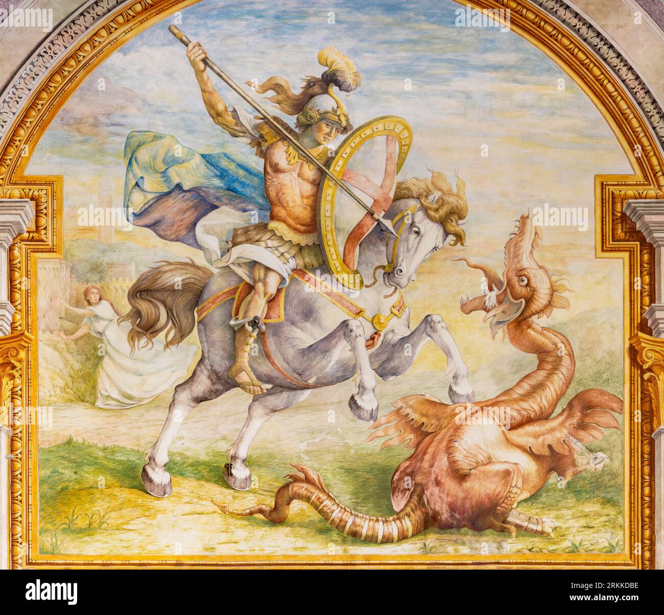 GENOVA, ITALY - MARCH 7, 2023: The fresco of St. George on the facade of St. George palace originaly by renaissance painter Lazzaro Tavarone Stock Photo