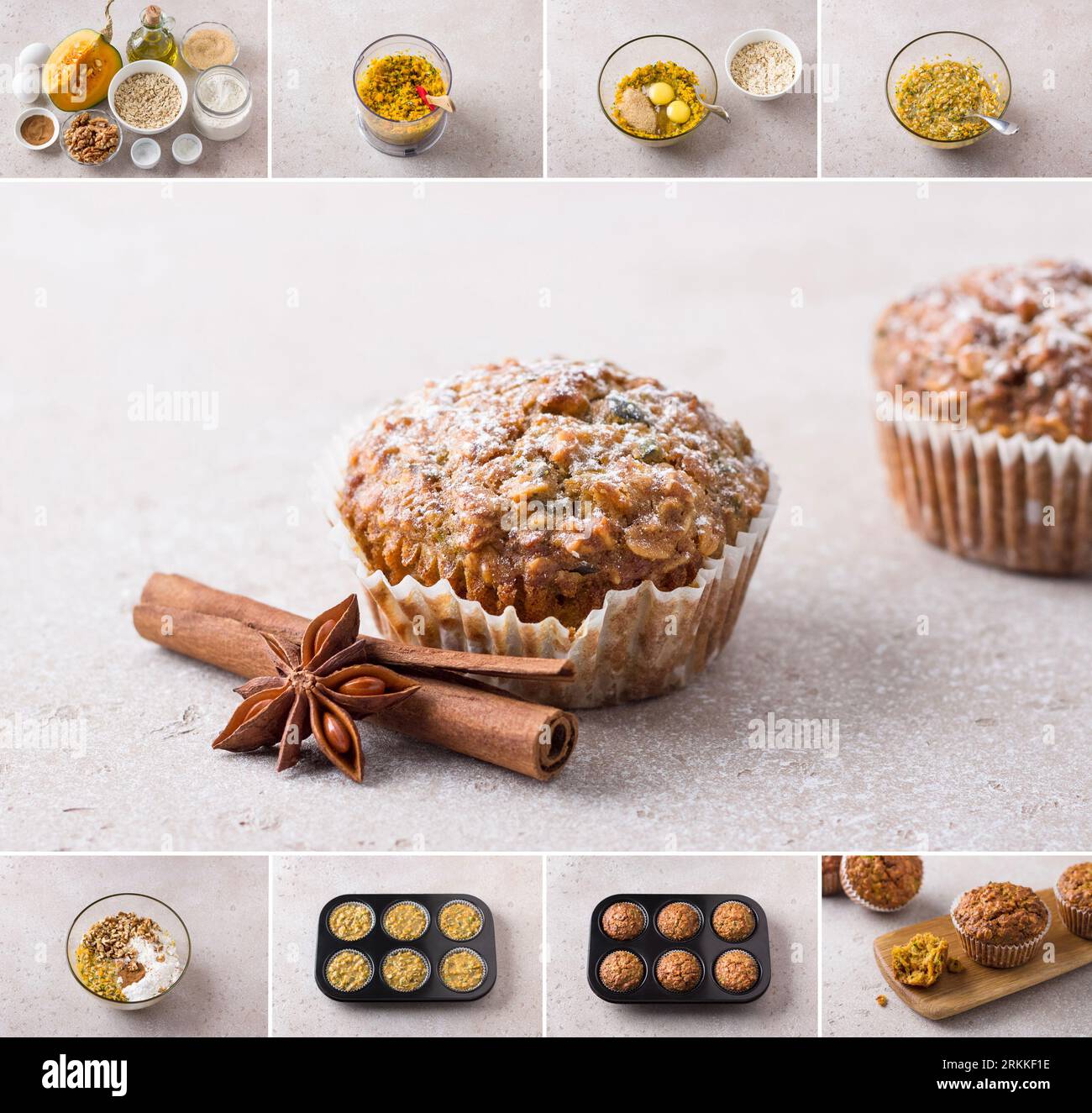 Cooking healthy muffins with oatmeal and nuts, collage, do it yourself, step by step, ingredients, cooking steps, final dish on a light beige stone Stock Photo