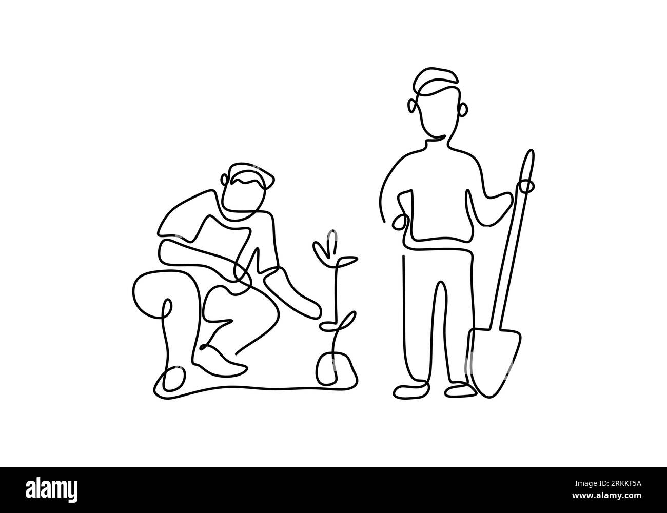 One single line drawing two man digging ground using shovel to planting a plant at home garden. Environment Earth Day single line art minimalist desig Stock Vector