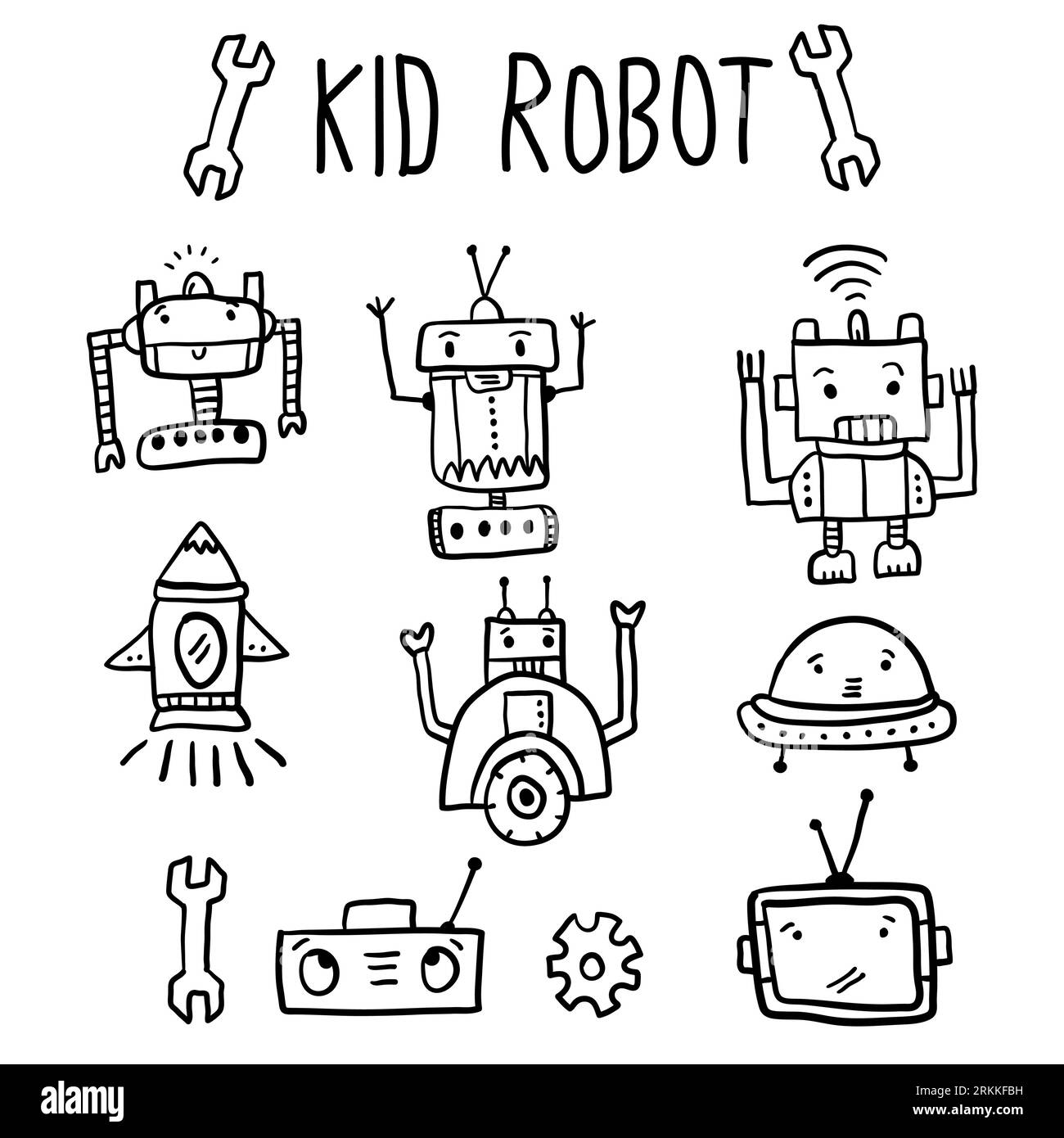 Cute set collection with childish robot and different items funny drawing. Children robo cartoon isolated on white background. Old vintage kid toys sk Stock Vector