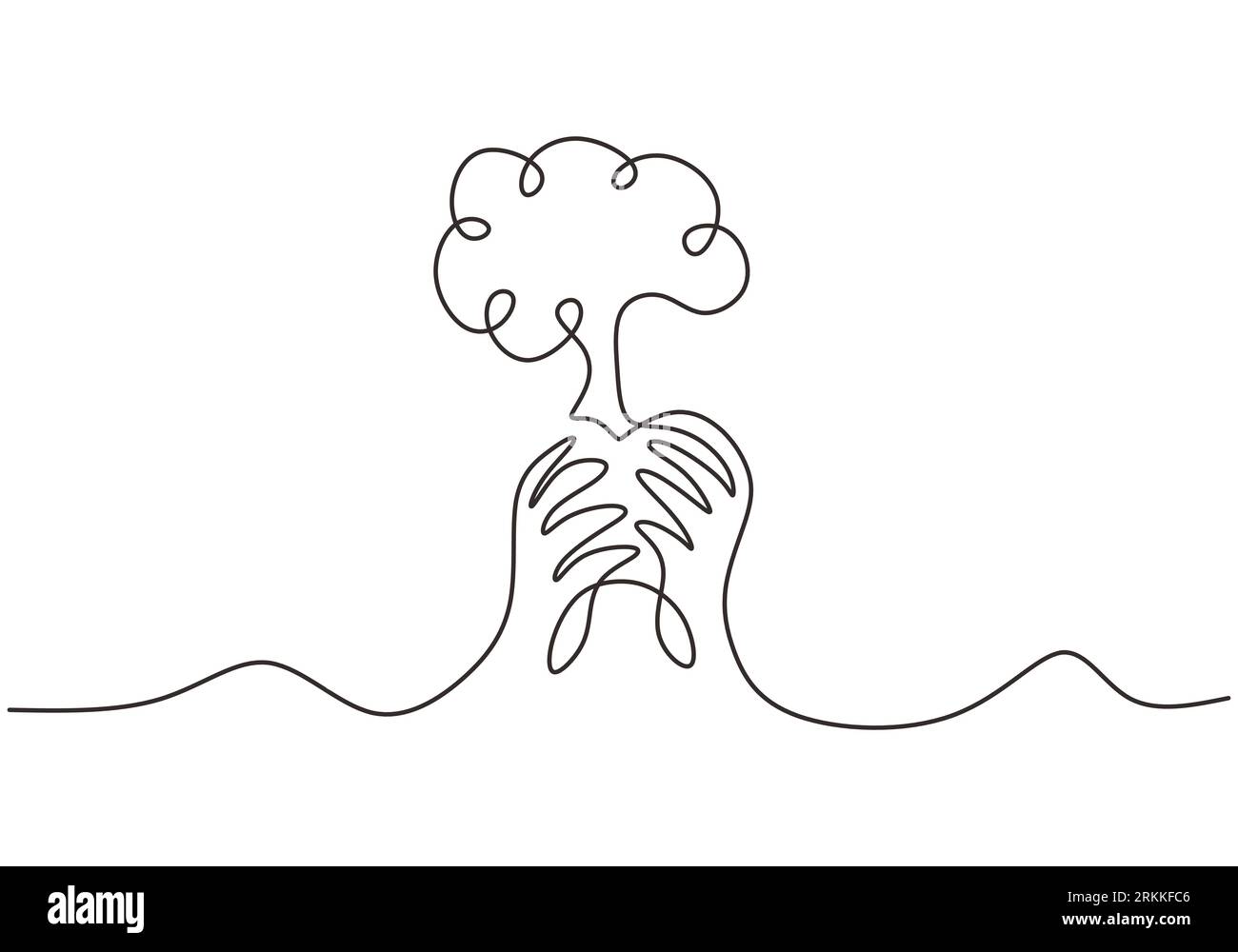Continuous one line drawing of human hands holding a plant to describe