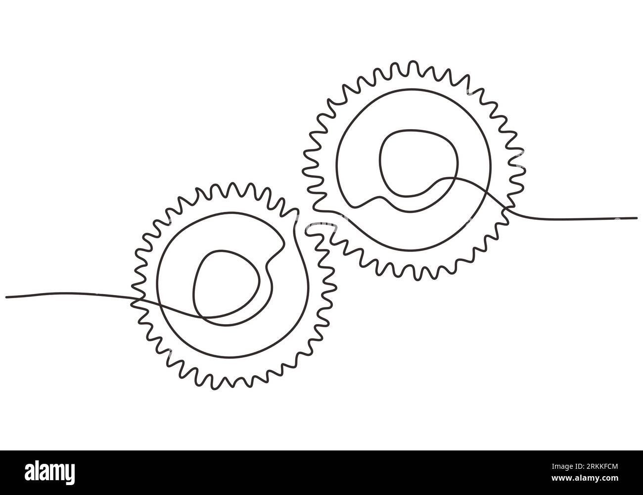 Moving gears wheels in continuous line drawing minimalist design. Round wheel metal symbol company logotype template for business teamwork concept lin Stock Vector
