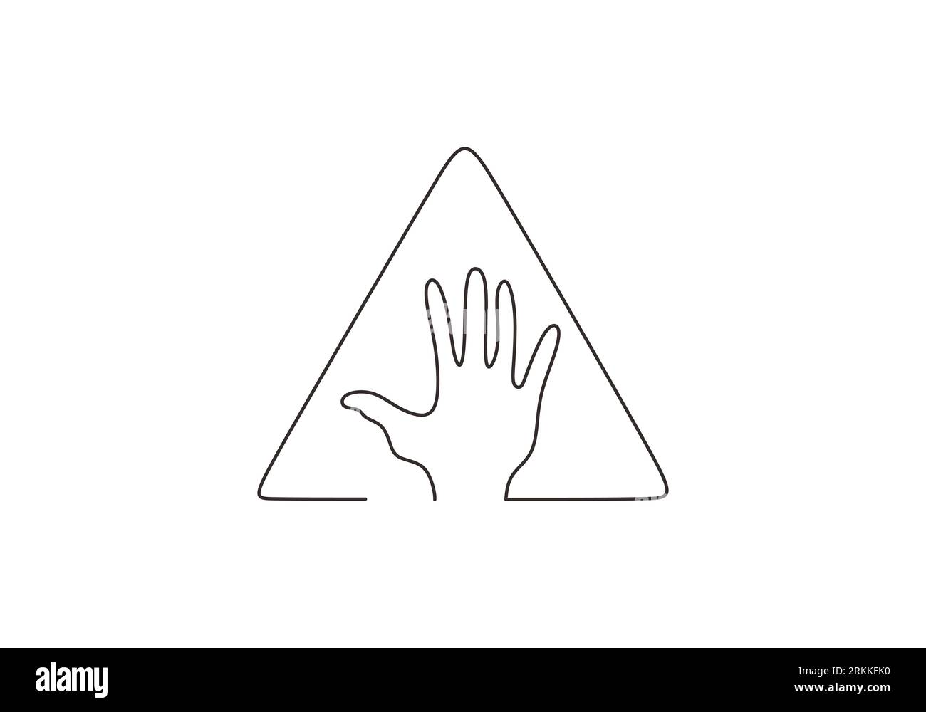 One continuous line drawing of human hand in triangle symbol ...