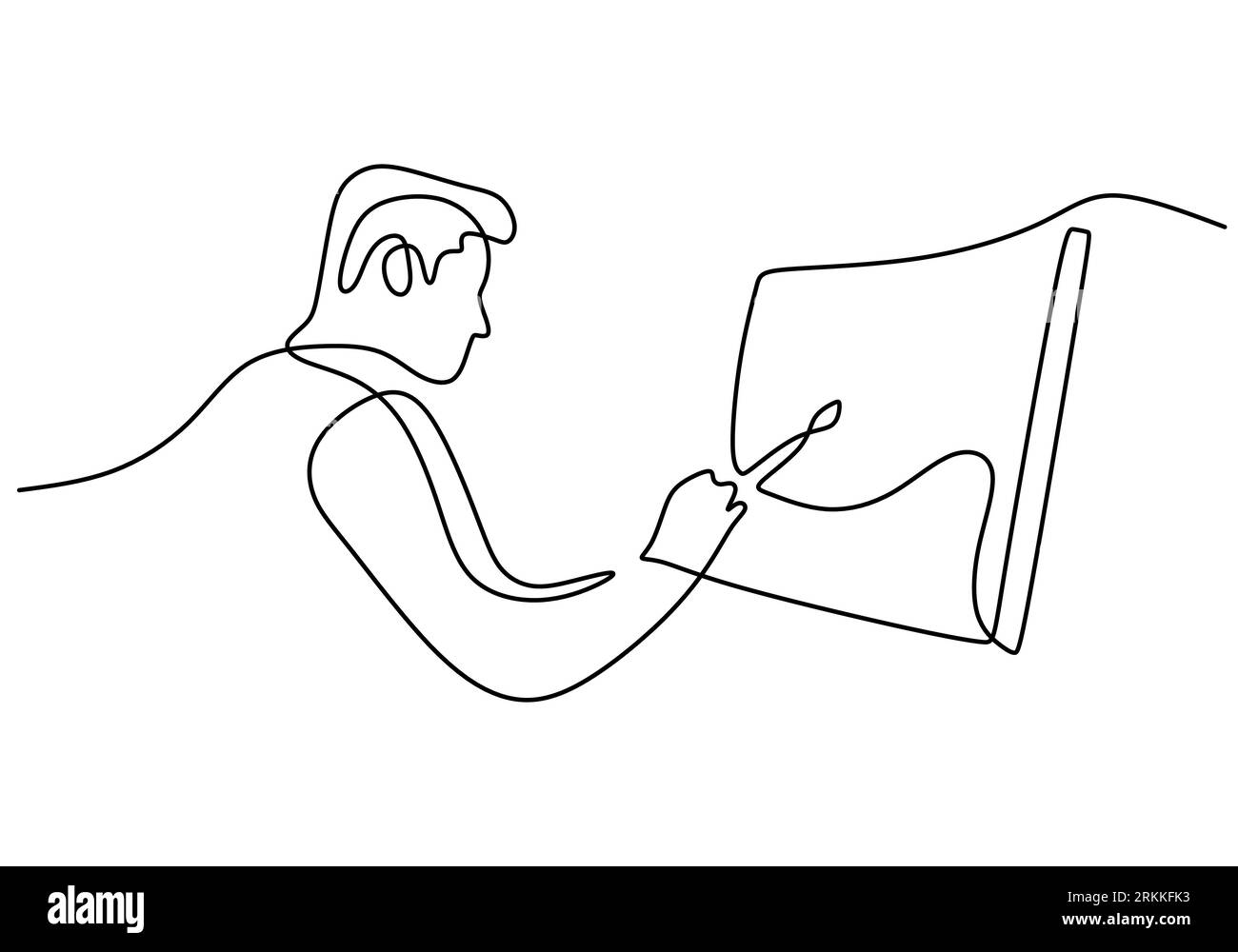 One continuous line drawing of painter artist. A man standing painting