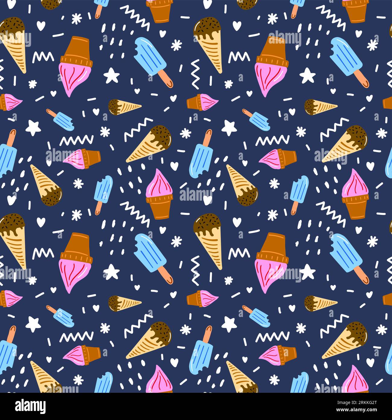 Sweet ice cream seamless pattern isolated on blue background. Stock Vector